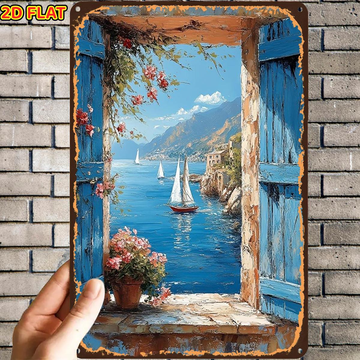 TEMU 2d Flat, 2d Flat,1pc, Through Blue Shutters Paintingmetal Tin Sign, Pre-drilled Holes, Suitable For Indoor, Garden,outdoor, Home, Office, Toilet