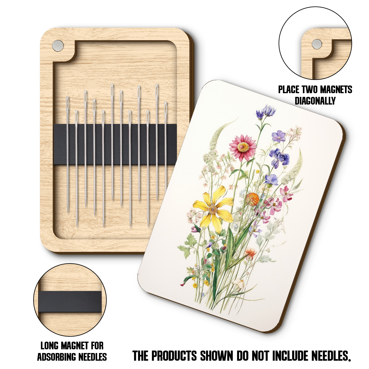 TEMU 1 Magnetic Sewing Needle Storage Box With Botanical Floral Pattern Lid And A Portable Wooden Case. Suitable For Sewing, Embroidery, And Knitting