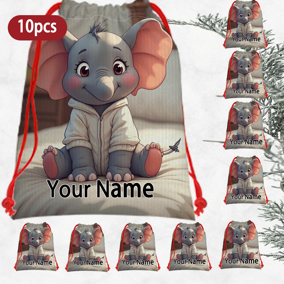 Custom Text & Name Cartoon Elephant Plush Toy with Gift Bag