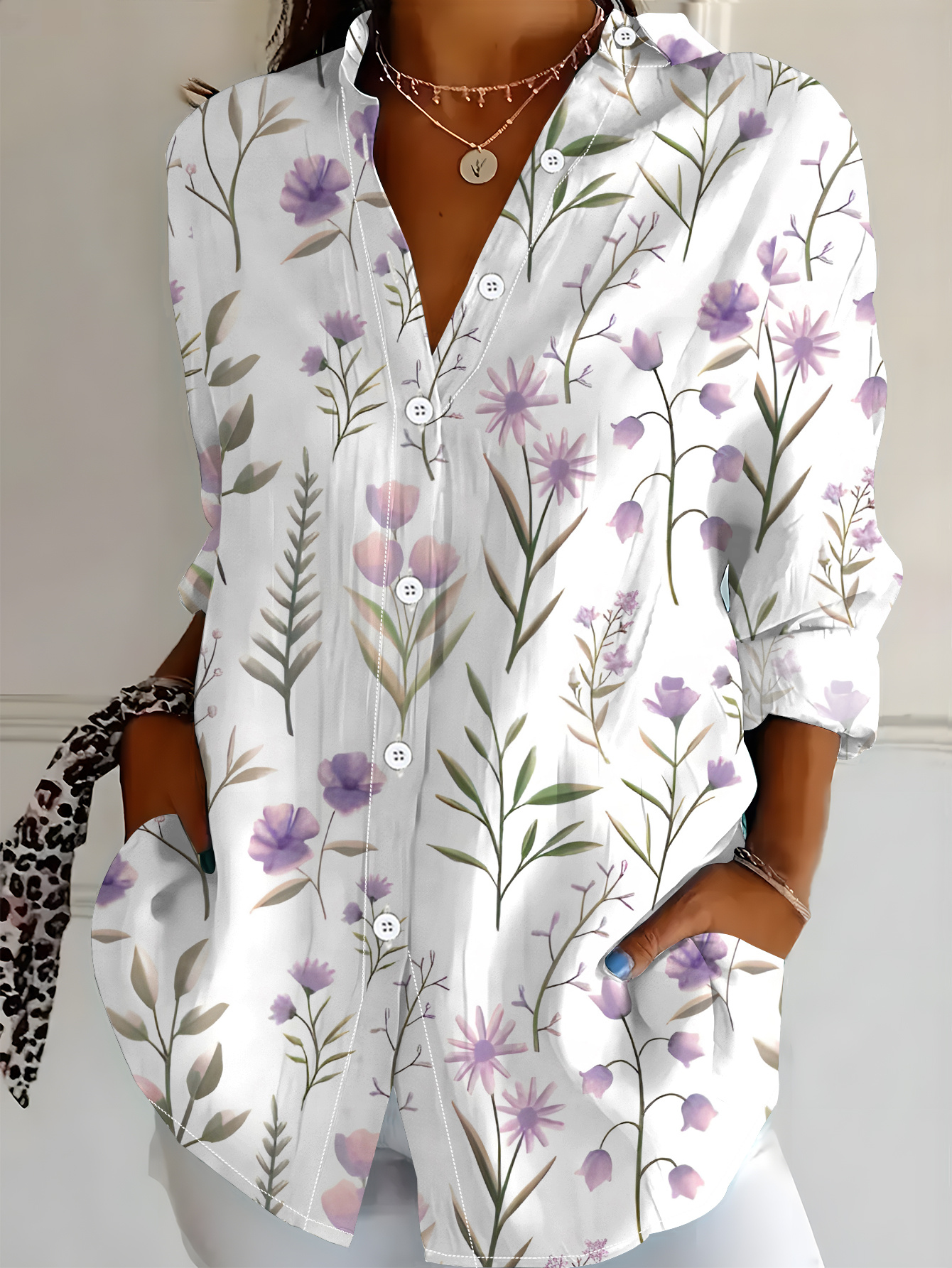plus size plus size plus size womens long sleeve shirt   printed shirt floral and branch elements   length shirt ladies shirt light purple printed casual shirt soft and comfortable   spring and autumn base layer shirt