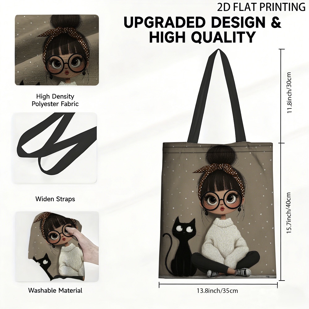 TEMU (2d Flat) 1pc Cute And Black Cat Tote Bag, Large Capacity Cute Bag, Perfect For Daily Shopping Travel And , Ideal For Fashion Enthusiasts School