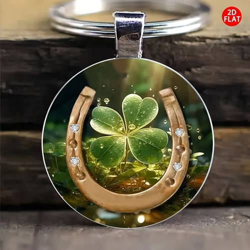 2d flat 2d flat horseshoe clover keychain round glass keychain fashionable decoration for men and women bag and car key decoration christmas thanksgiving anniversary and birthday party gifts perfect gift for
