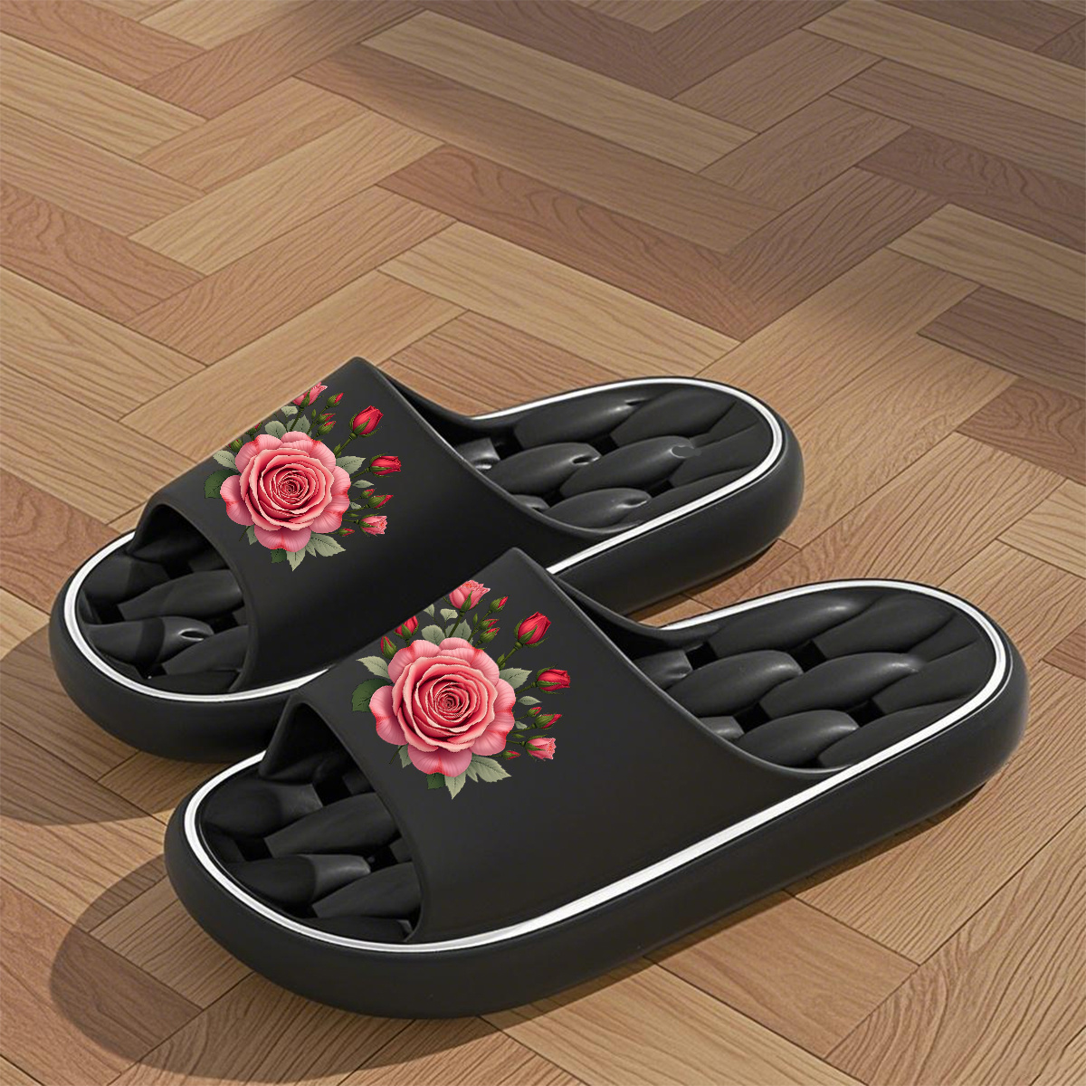 TEMU 1 Pair Women's & Unisex Eva Slippers Suitable For Indoor/outdoor Use, Slip- House Shoes With Rose Print, - Cushioned Sole & Arch - Lightweight