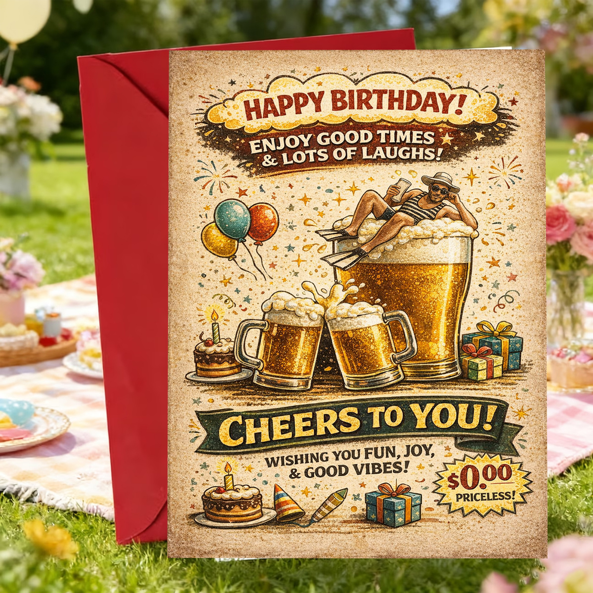 TEMU 1pc Birthday Greeting Card, Big Beer Mugs Balloons Cake And Gifts With Cheers To You, Suitable For Or Beer Lovers, Birthday Retro Vintage Style