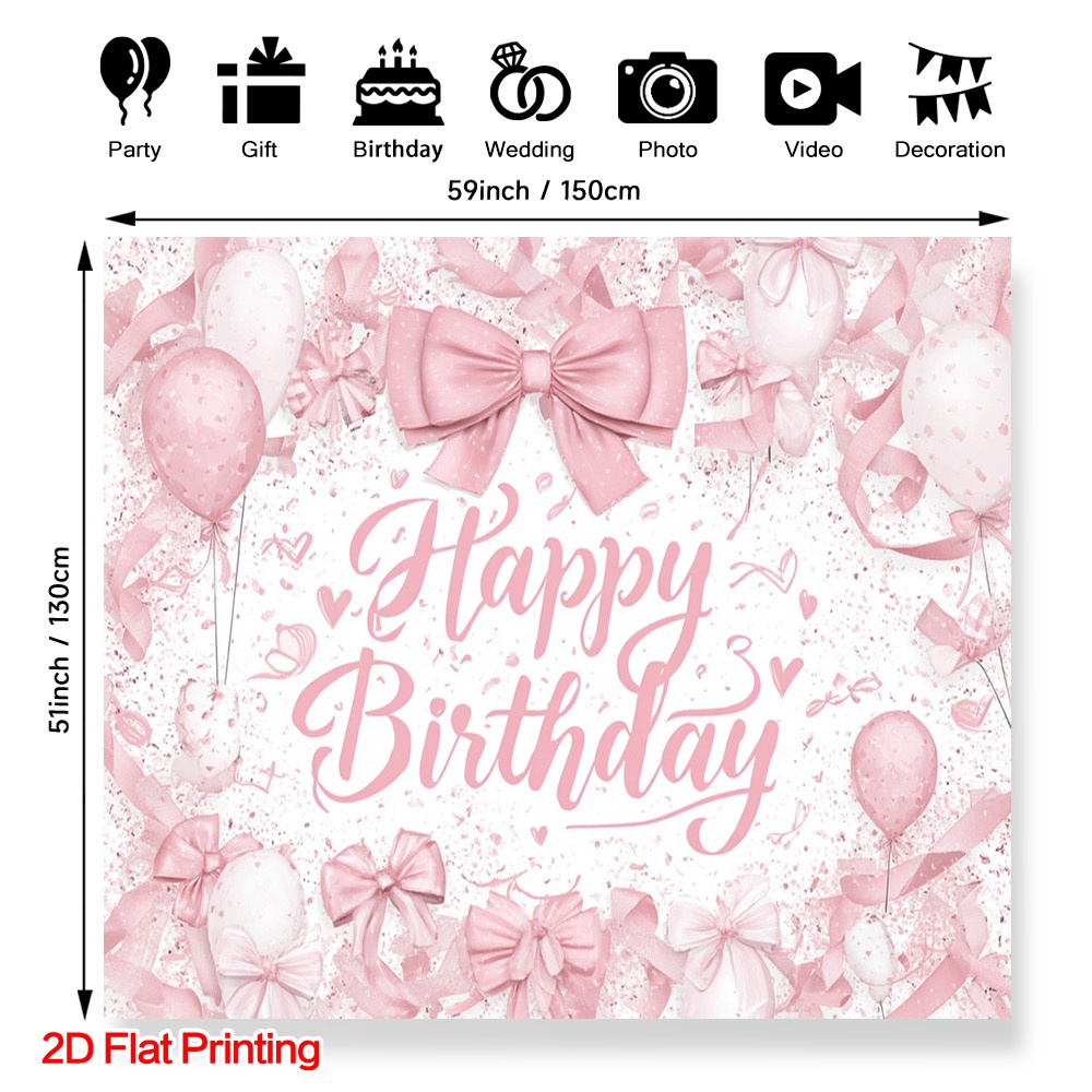 TEMU 2d Flat, Photography Backdrop (2d Flat) 1pc Birthday Pink Bows S Photography Background, Polyester Fabric, Easy To Hang, Suitable For Room