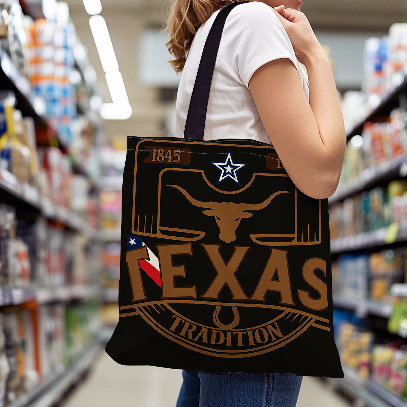 TEMU 1pc High-capacity Tote Bag+texas, Longhorn, +lightweight+durable, Double Handle & Foldable For College, Commuting, Daily Use -commuting Bag|