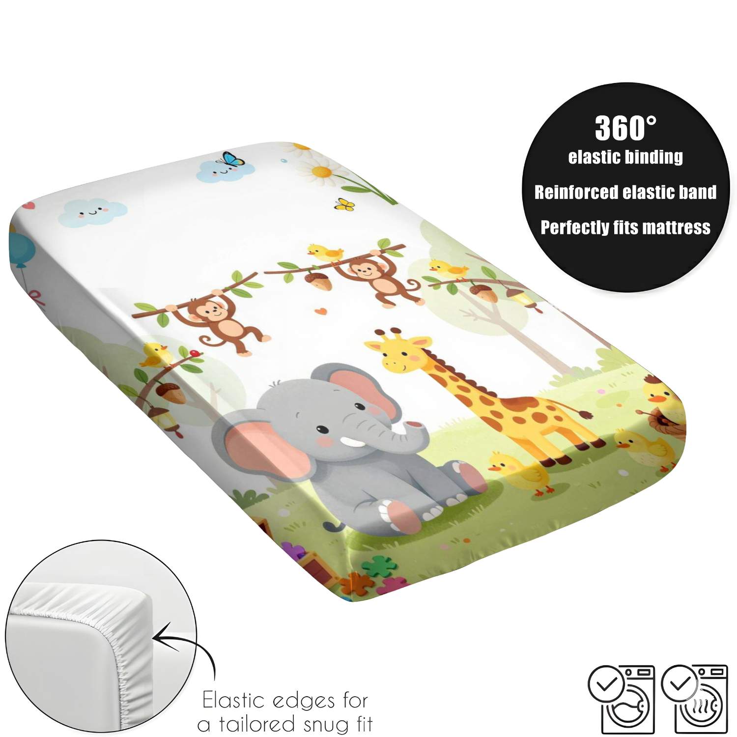 Multicolor Cartoon Animal Style Fitted Sheet, Jungle Safari Theme