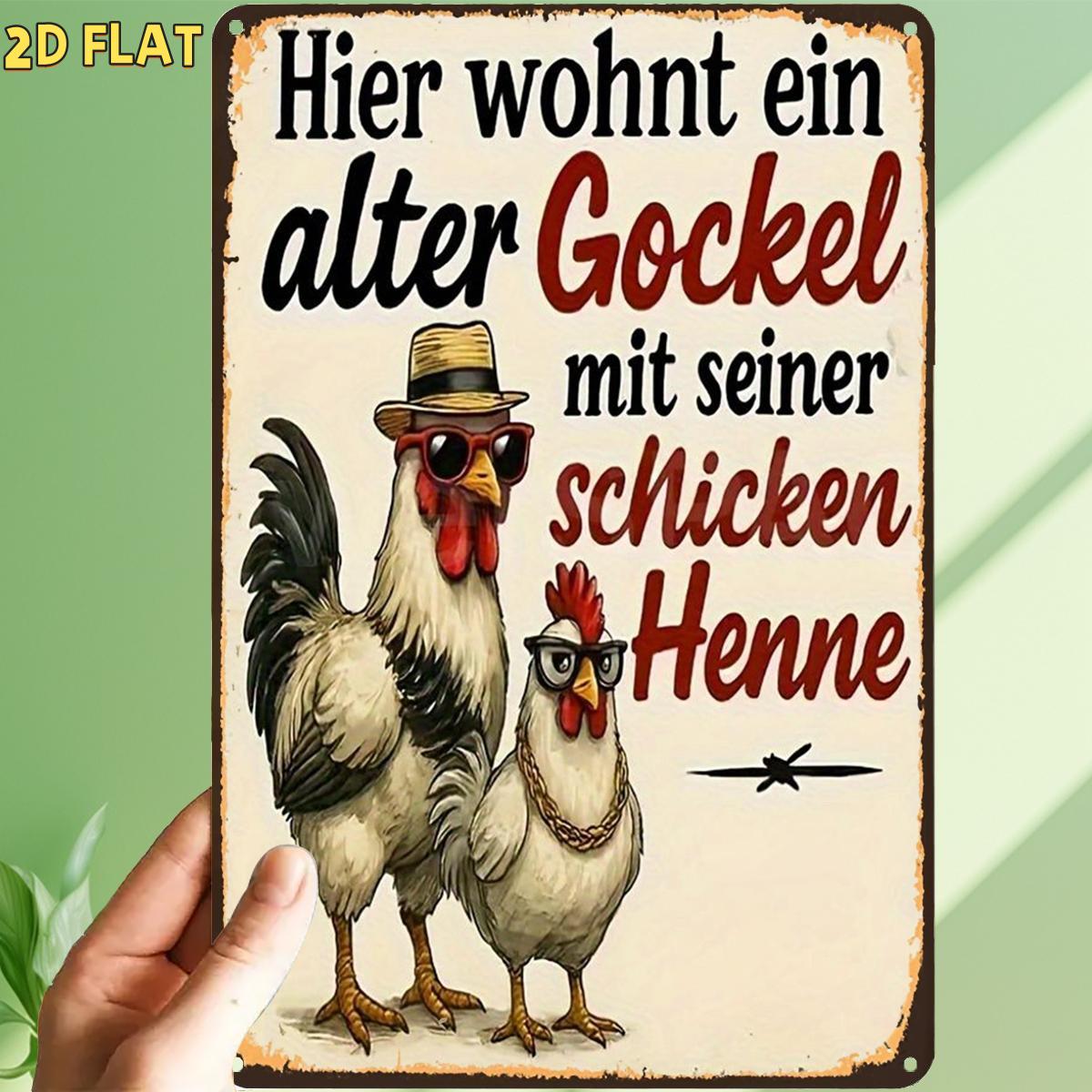 E-shop 2D-Flach, 2D-Flach, ., im Vintage-Stil inspiriertes Retro-Hühnerpaar-Schild, Metall-Blechschild, vorgebohrte Löcher, geeignet für Innenbereich,