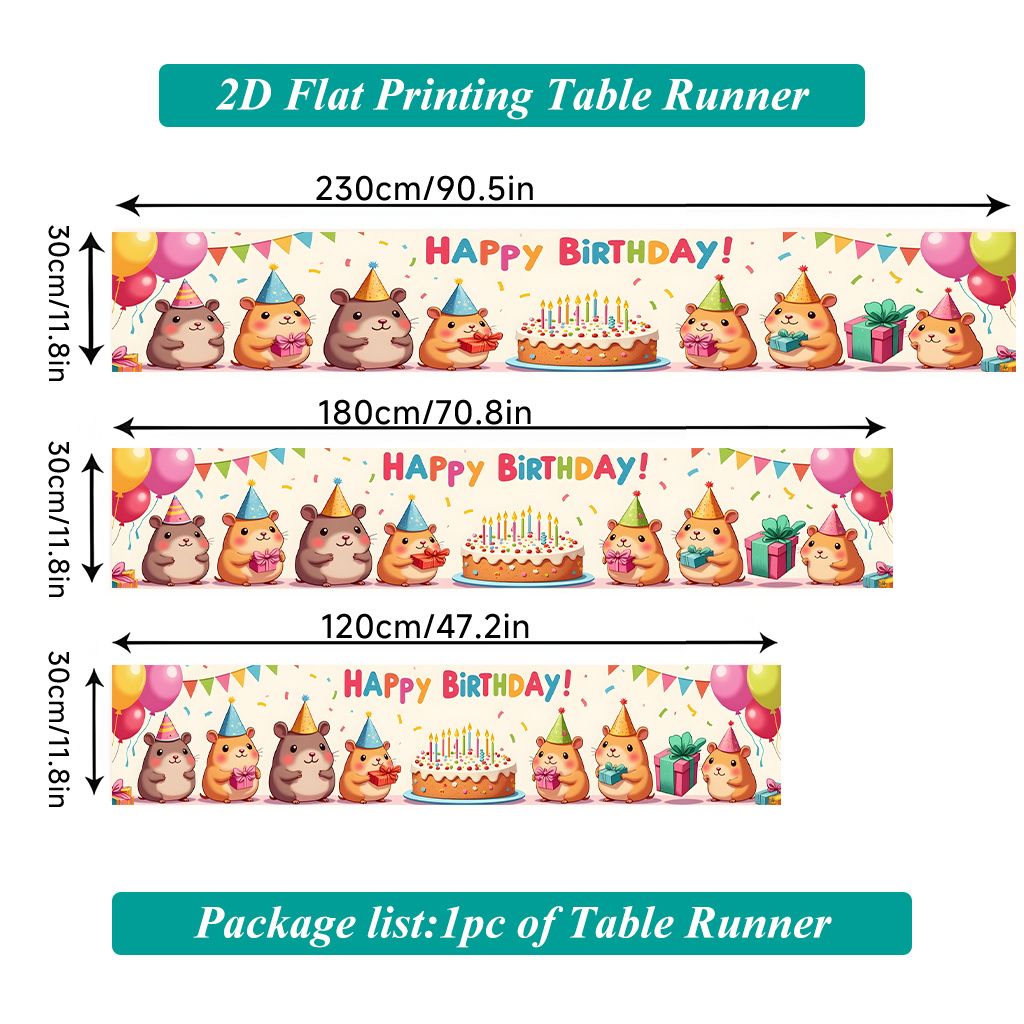 TEMU Tafelloper met 2D platte bedrukking 1 stuk, schattige hamsters die verjaardag , polyester rechthoekige tafelloper, geschikt voor eettafels,