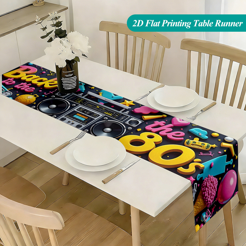 TEMU 1pc 1pcs 80s Retro Table Runner Suitable For Dining Tables, Kitchens, Outdoor Parties, Vintage Polyester Decor With 80s Nostalgic, Rectangular