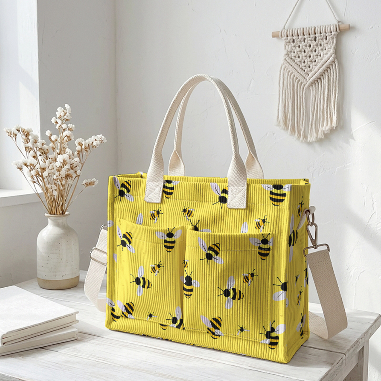 TEMU Bee Pattern 2d Printed Corduroy Tote Bag, Multi-pocket Large Capacity Commuter Bag, Dual Use As Handbag/crossbody Bag + Front Insert Pocket +