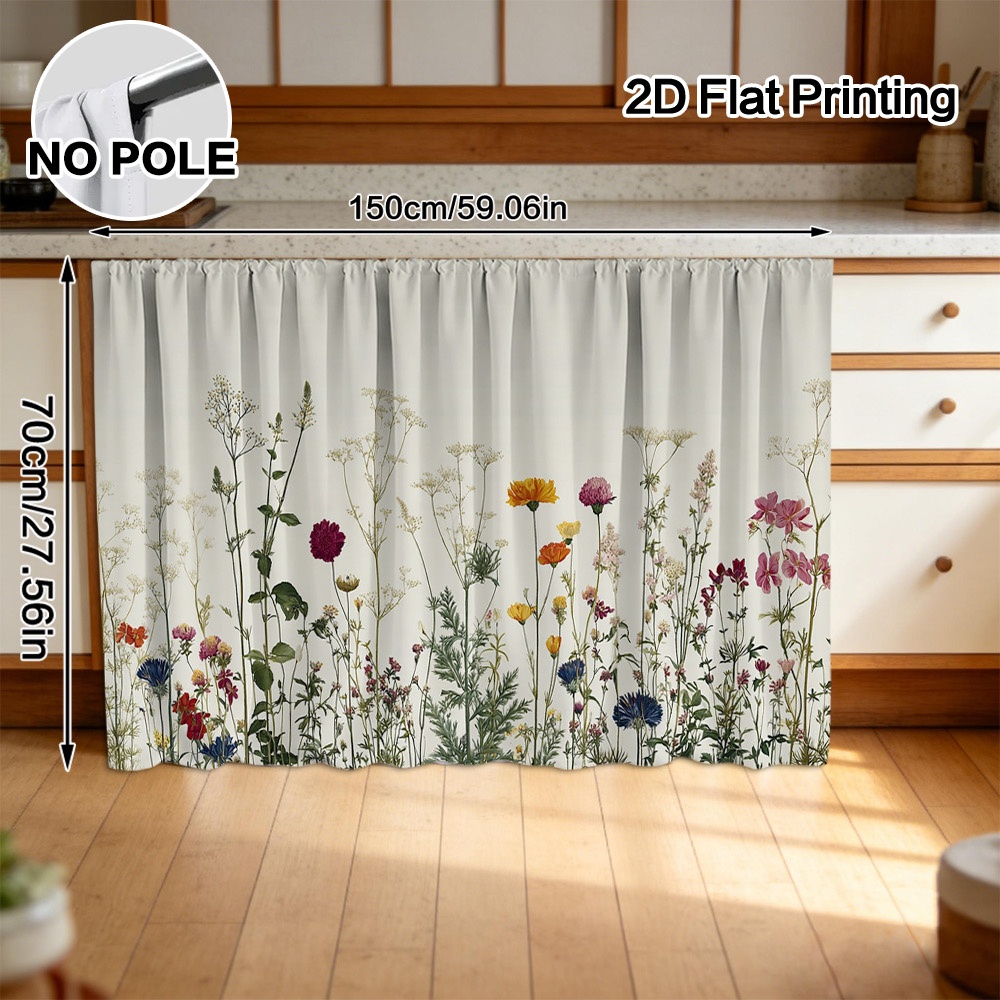 TEMU 2d Flat, Kitchen Storage Cover Curtain, Wildflowers Botanical Floral Pattern, Rod Pocket , Polyester Material Machine Washable, Kitchen Sink