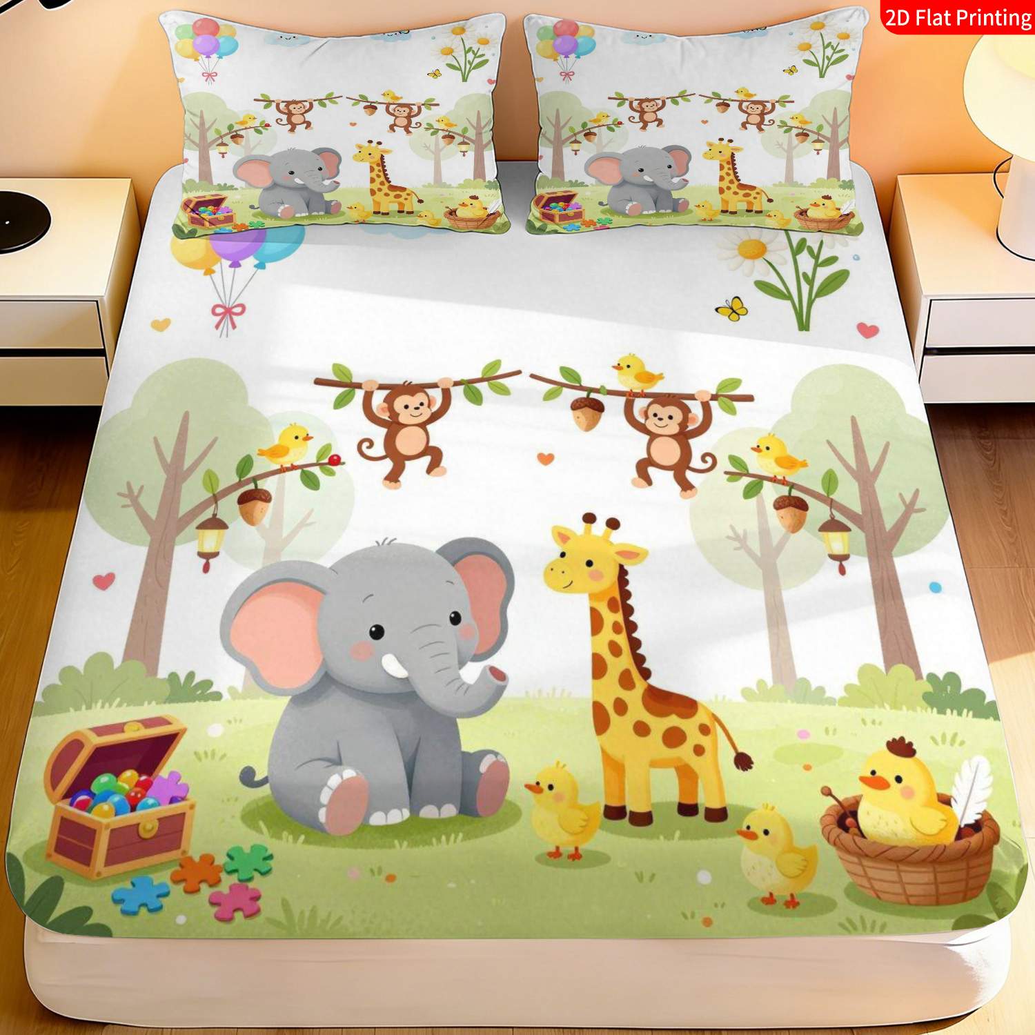 Multicolor Cartoon Animal Style Fitted Sheet, Jungle Safari Theme