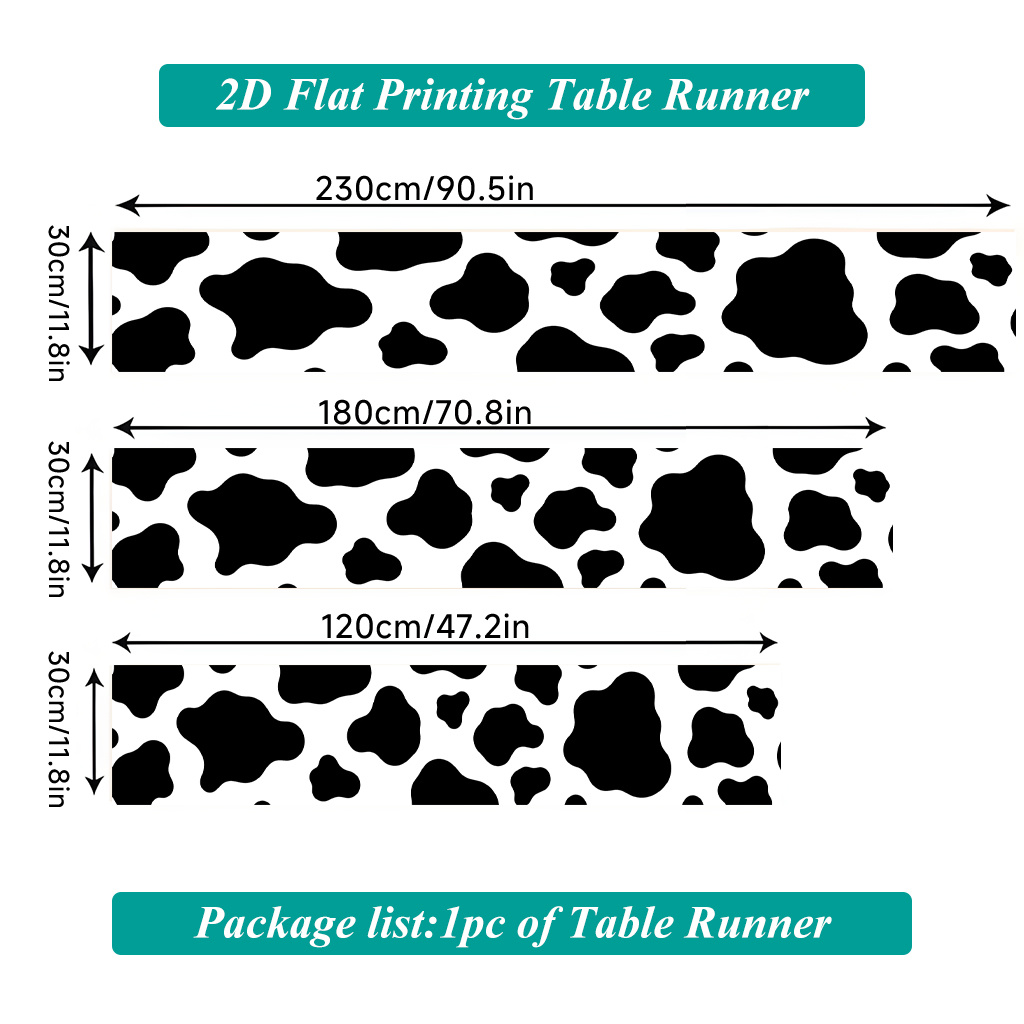 TEMU Chemin de pièce à impression 2D à plat, chemin de table rectangulaire en polyester à de vache et noirs, convient pour tables à manger, cuisines,