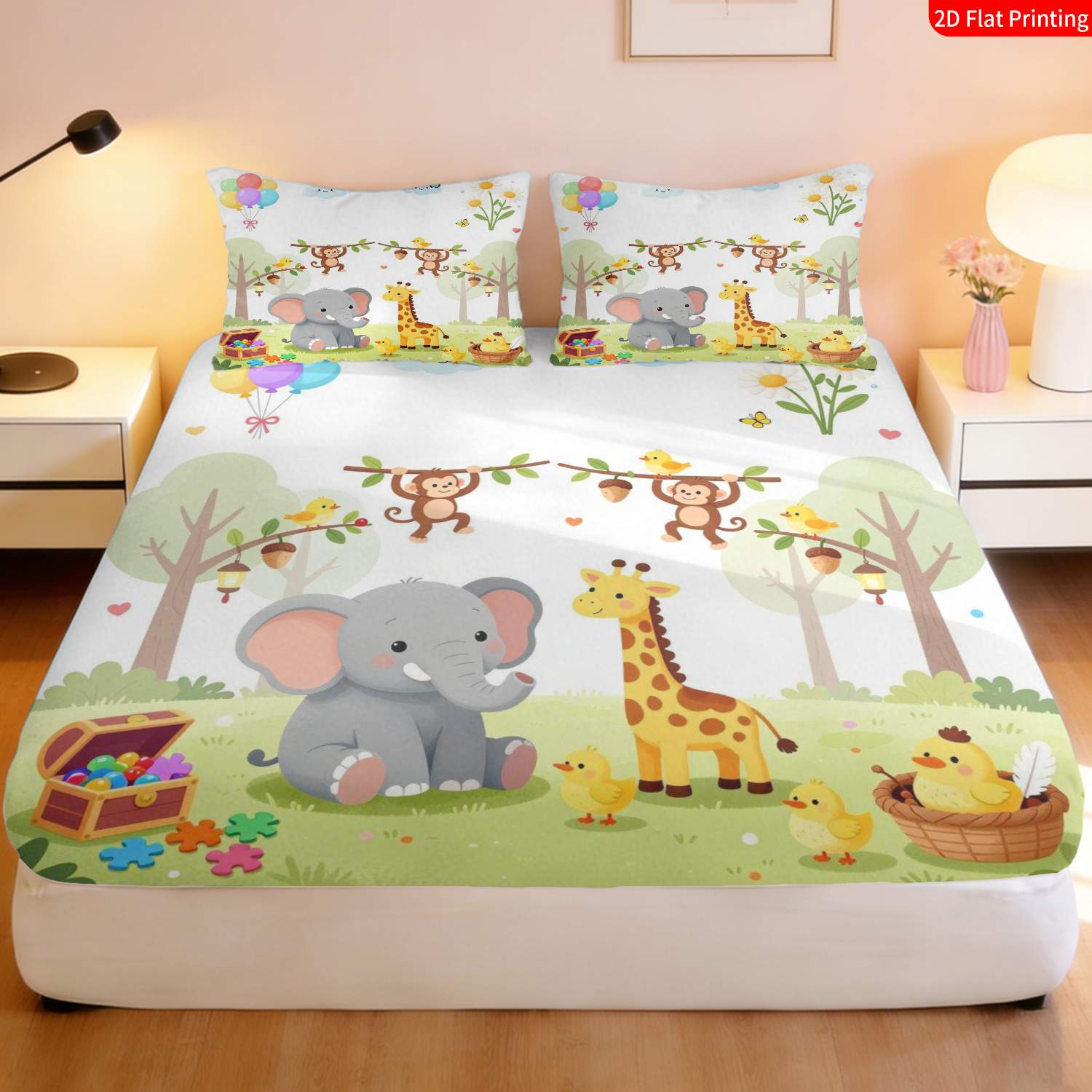 Multicolor Cartoon Animal Style Fitted Sheet, Jungle Safari Theme