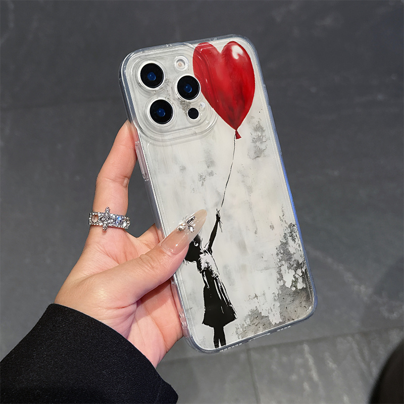 TEMU Phone Case - 1pc Of Protective Transparent Anti-drop Phone Case, Featuring A Little Girl With A Red Heart-shaped Balloon, Compatible With Iphone
