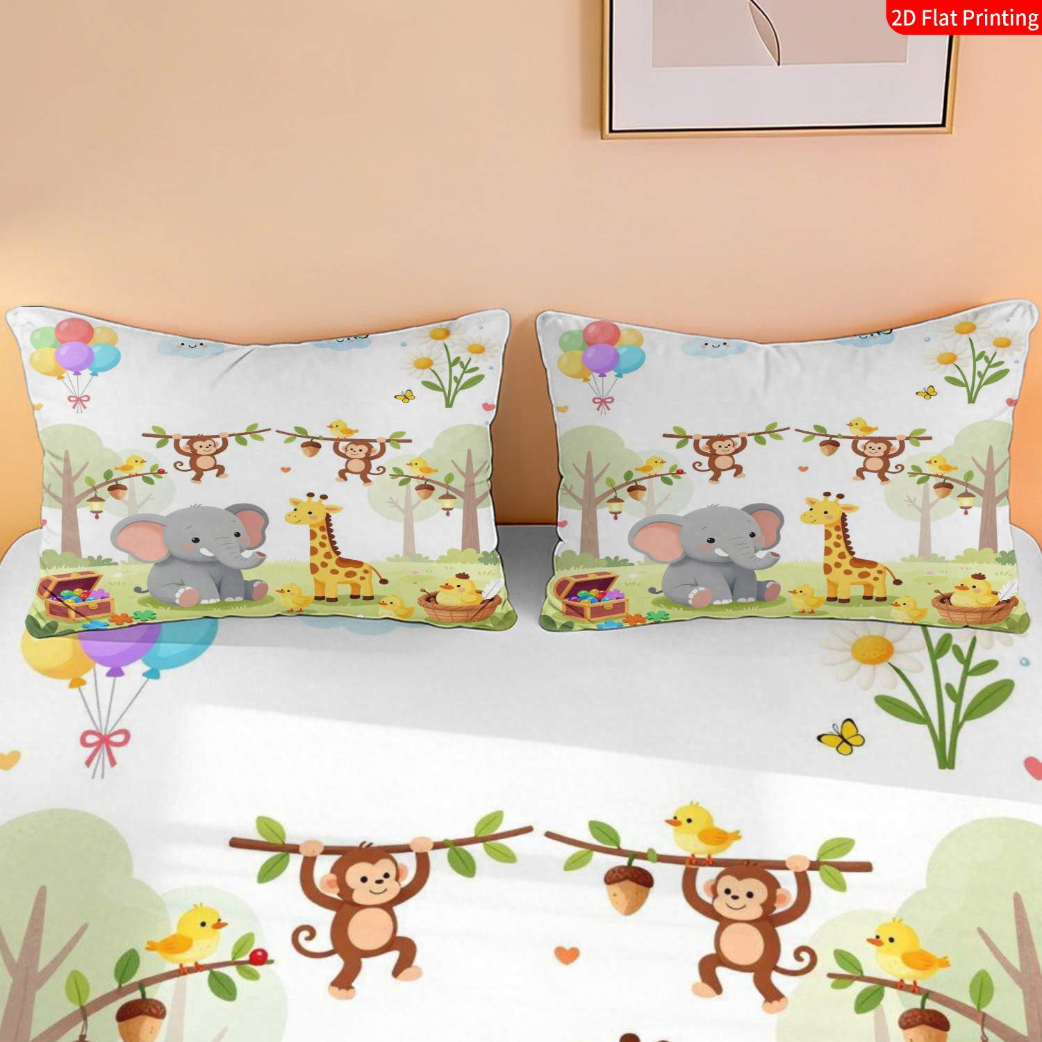 Multicolor Cartoon Animal Style Fitted Sheet, Jungle Safari Theme