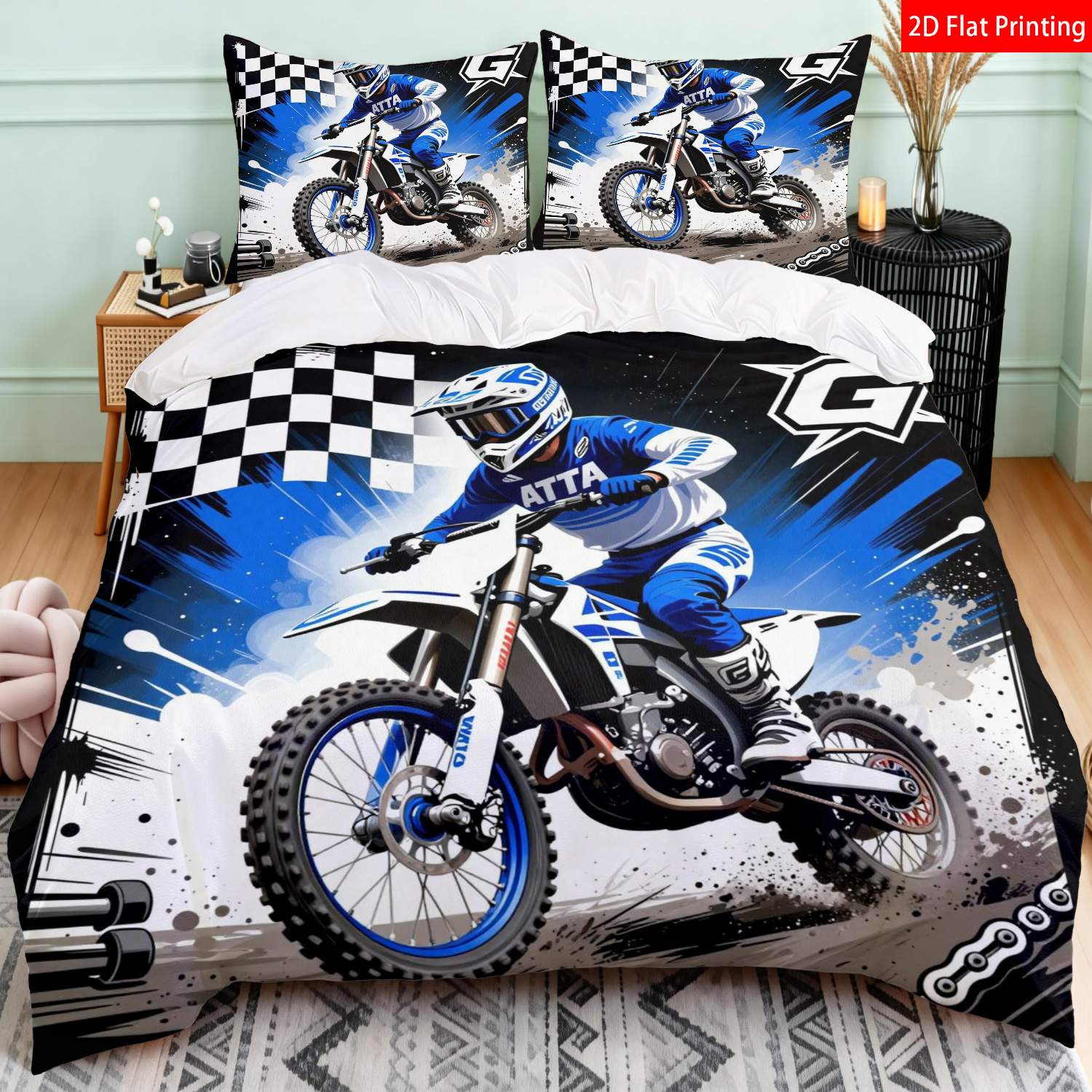 TEMU Ensemble de literie moderne 2D imprimée à plat sur le thème du sport, comprenant un design de course de motocross bleu et blanc et un motif de