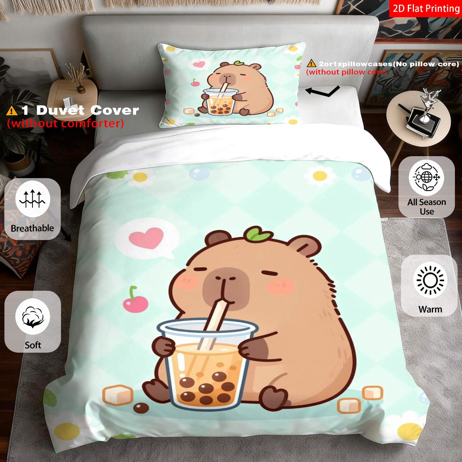 TEMU 2pcs/3pcs Latacaca Bedspread Suitable For Occasions, Kawaii Capybara Bubble Tea Bedding With Capybara & Hearts, Light Blue Quilt Cover +
