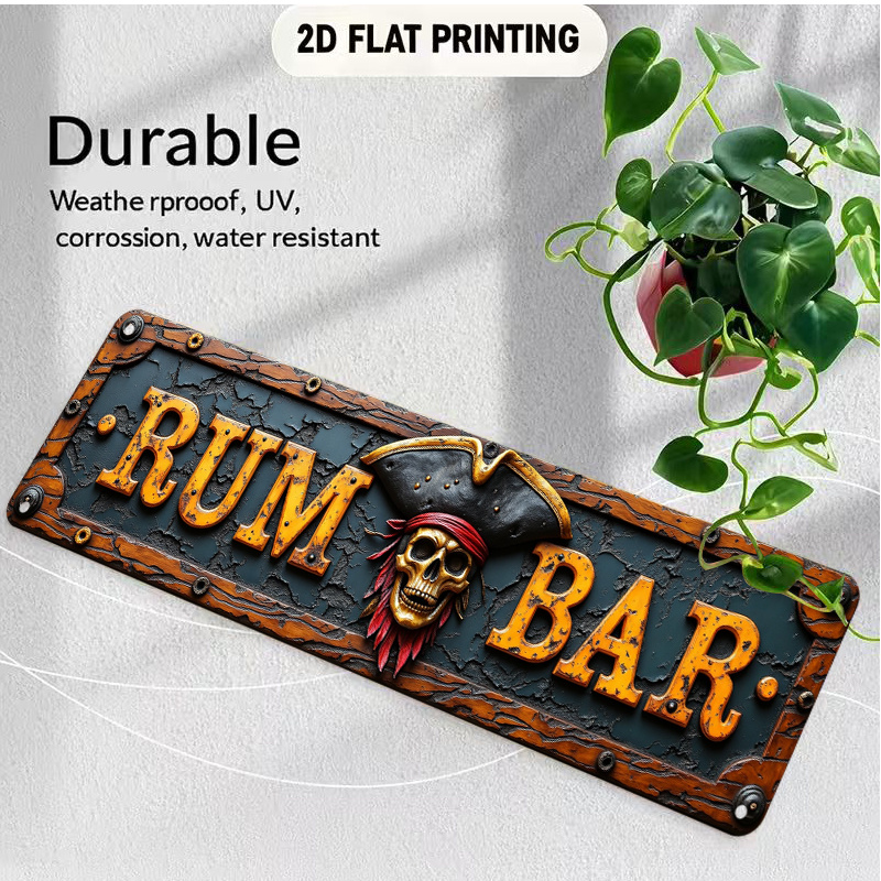 TEMU 2D Plat, 2D Rustiek Piratenthema Aluminium Uithangbord met Gedurfde Getextureerde Letters en een Piratenhoedmotief Geschikt voor Bars, Tavernes,