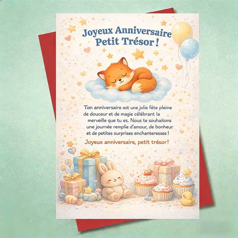 TEMU Carte d'anniversaire 1 pièce Renard Anniversaire Petit , Vœux en français, Ballons pastel, Étoiles, Cupcakes, Cadeaux, message pour Fille Fils