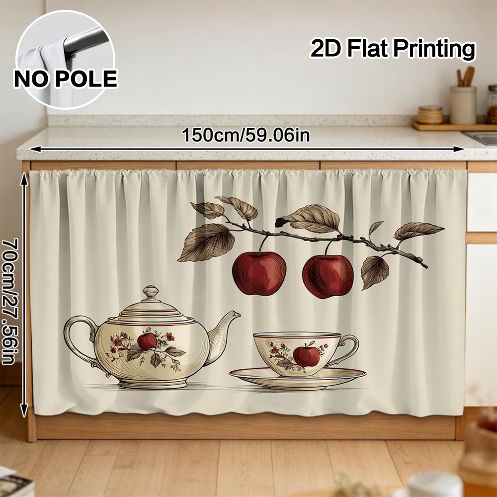 TEMU 2d Flat - 2d Flat - Decorative Curtain For Kitchen A 2d , Featuring An Tea Set Design, Easy To Hang With A Rod Pocket, Machine Washable,