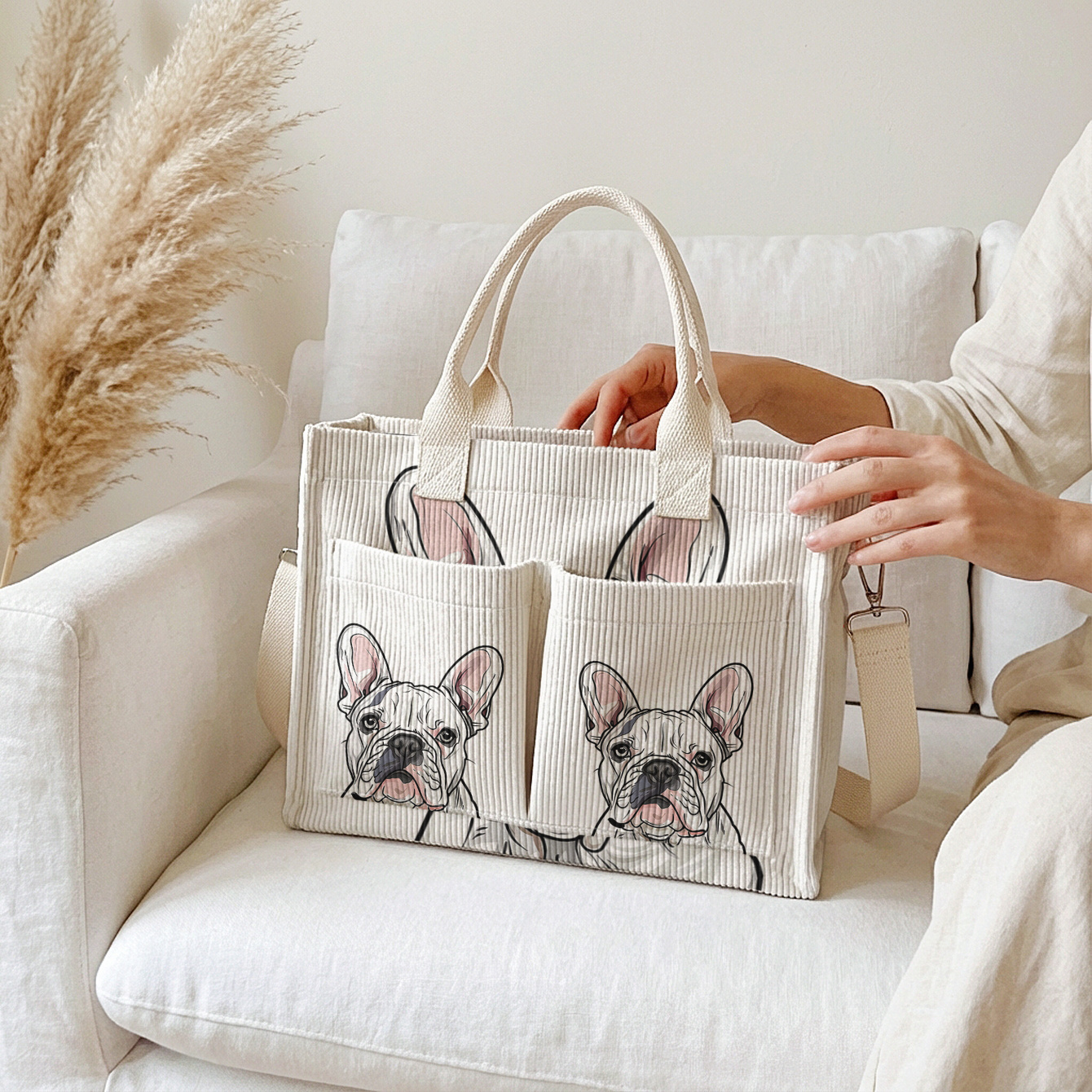 E-shop Eine 2D-gedruckte Tragetasche mit einem Französischen Bulldoggen-Design, hergestellt aus Cord mit großem Fassungsvermögen, mehreren Fächern zur