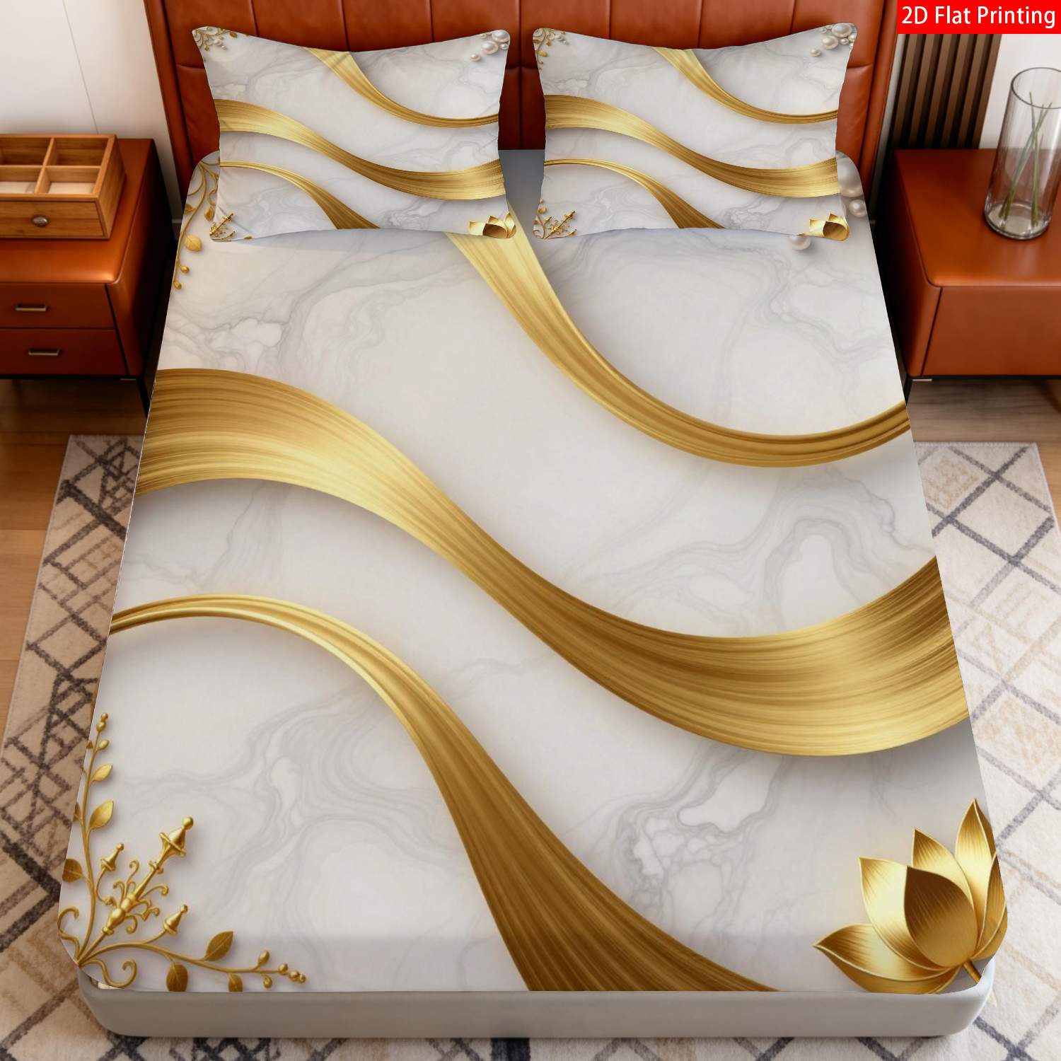 TEMU 2/3pcs Of 2d Flat Printed Fitted Sheets Featuring A Luxurious With A And Pearl Theme, In White And Golden, Showcasing A Marble Texture With