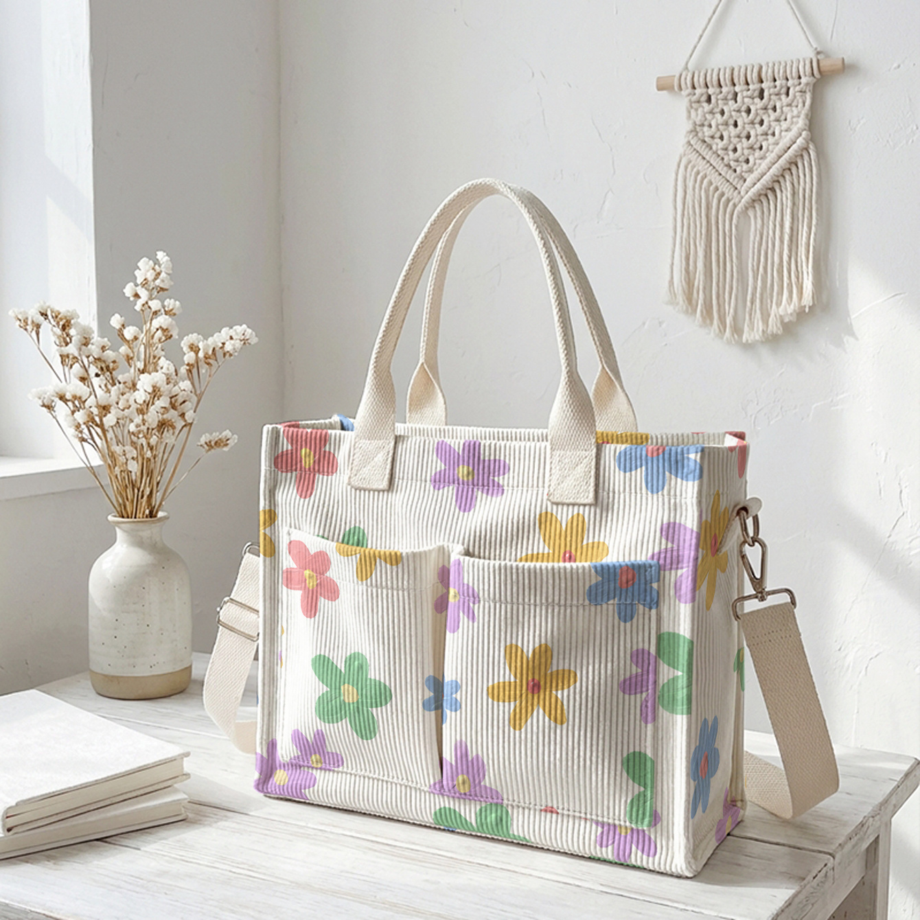 E-shop Bunte kleine Cordtasche mit 2D-Blumenmuster, Multi-Pocket Pendler-Tasche mit großem Fassungsvermögen, Handtasche/Crossbody Dual Use und