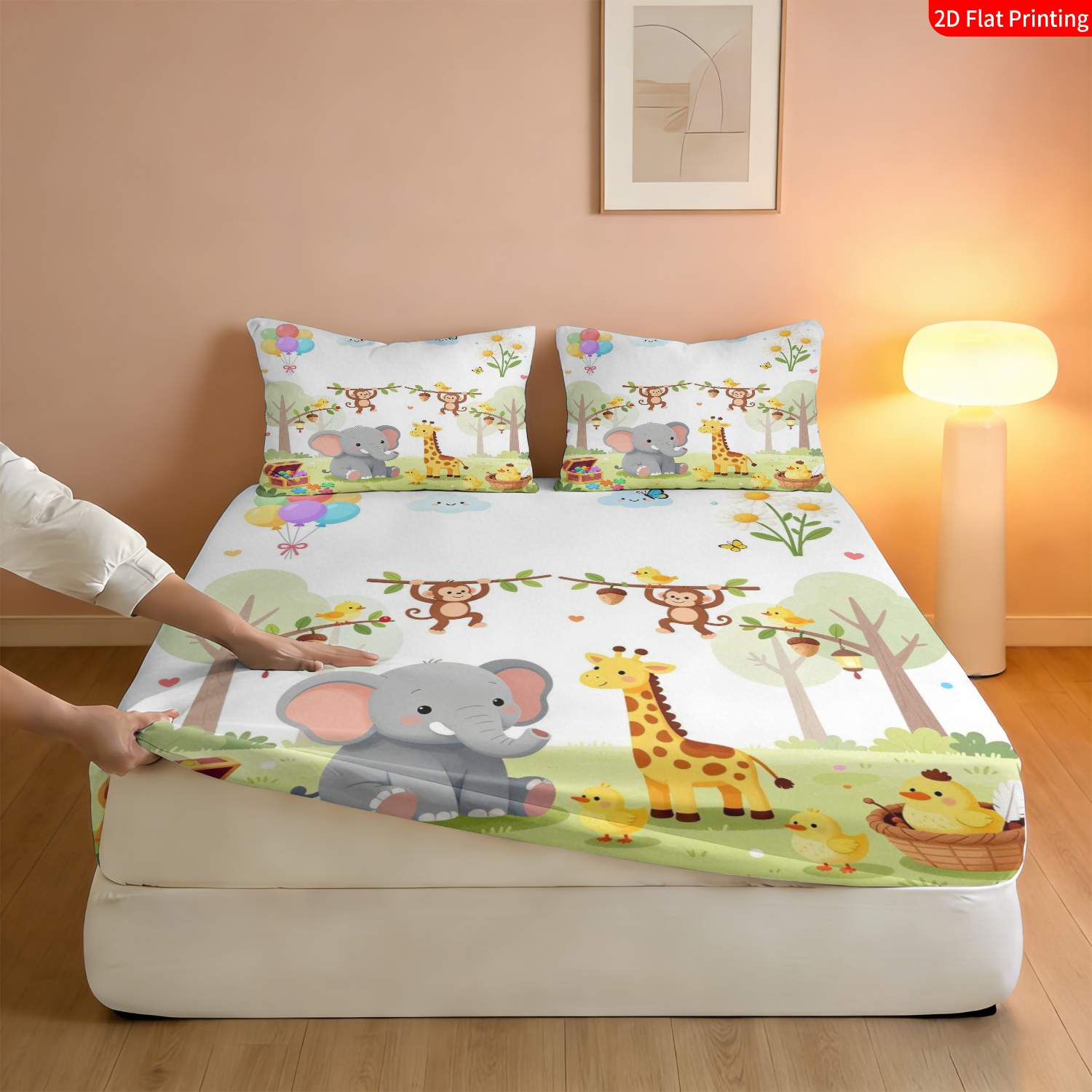 Multicolor Cartoon Animal Style Fitted Sheet, Jungle Safari Theme
