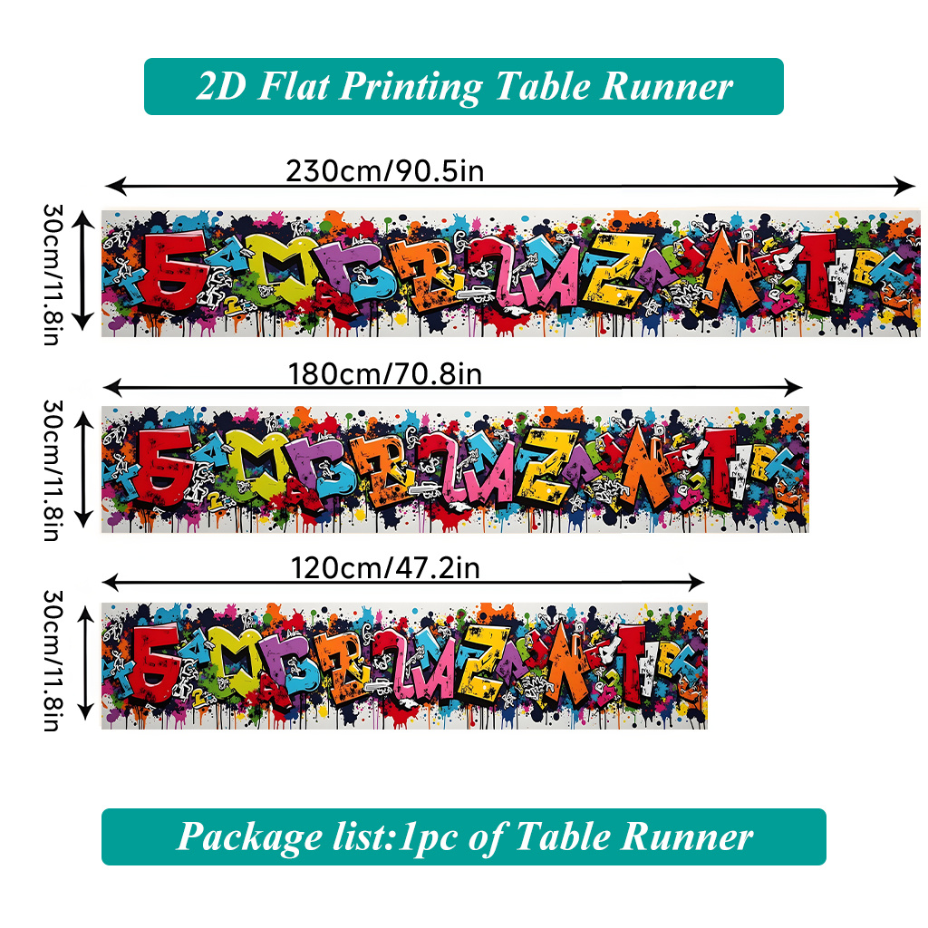 TEMU Chemin de pièce à impression 2D à plat, chemin de table rectangulaire en polyester au design d'art graffiti vibrant, convient pour les tables à