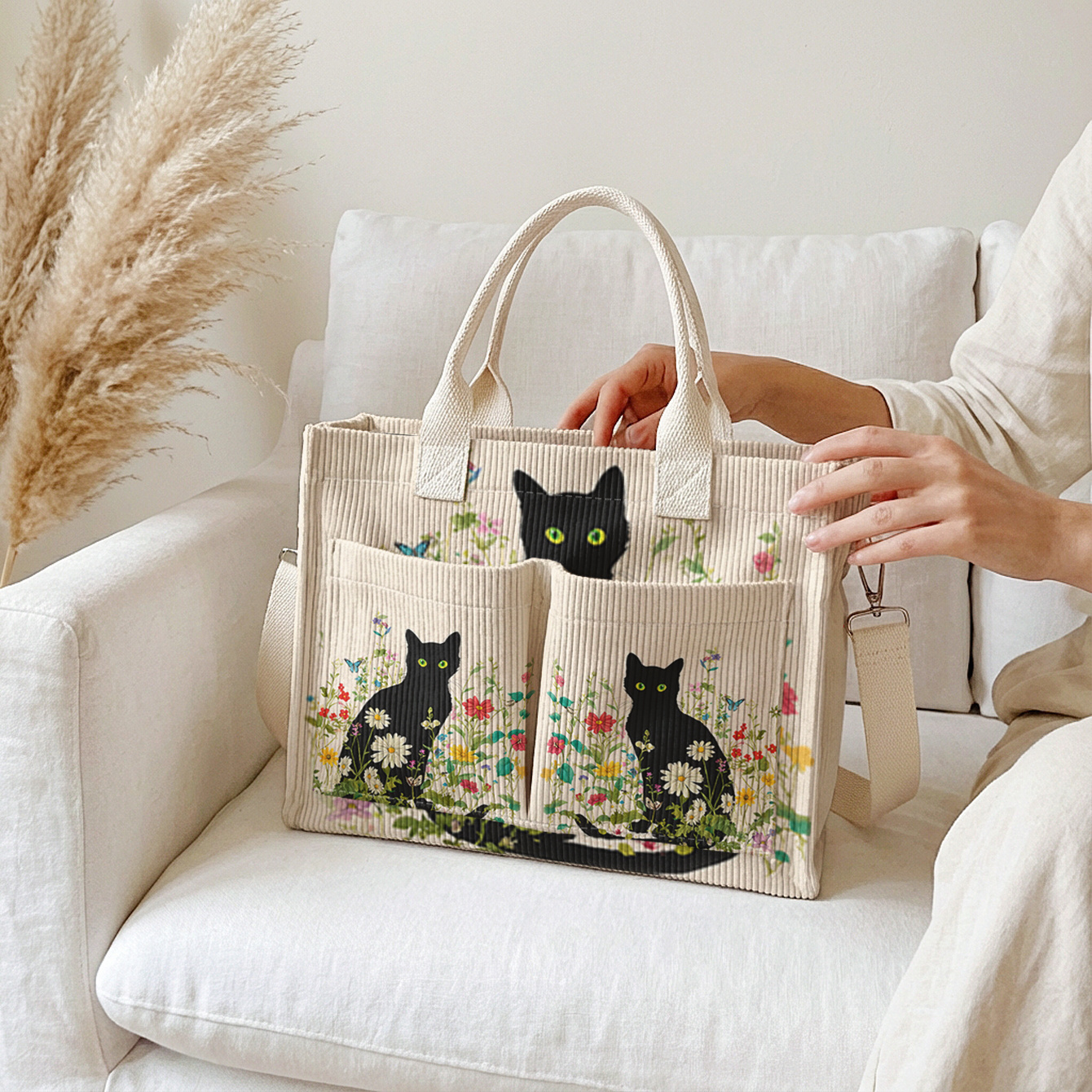 TEMU Black Cat And Floral Pattern 2d Printed Tote Bag, Corduroy Large-capacity Handbag, Multi-compartment Storage + Portable Shoulder Strap + Soft