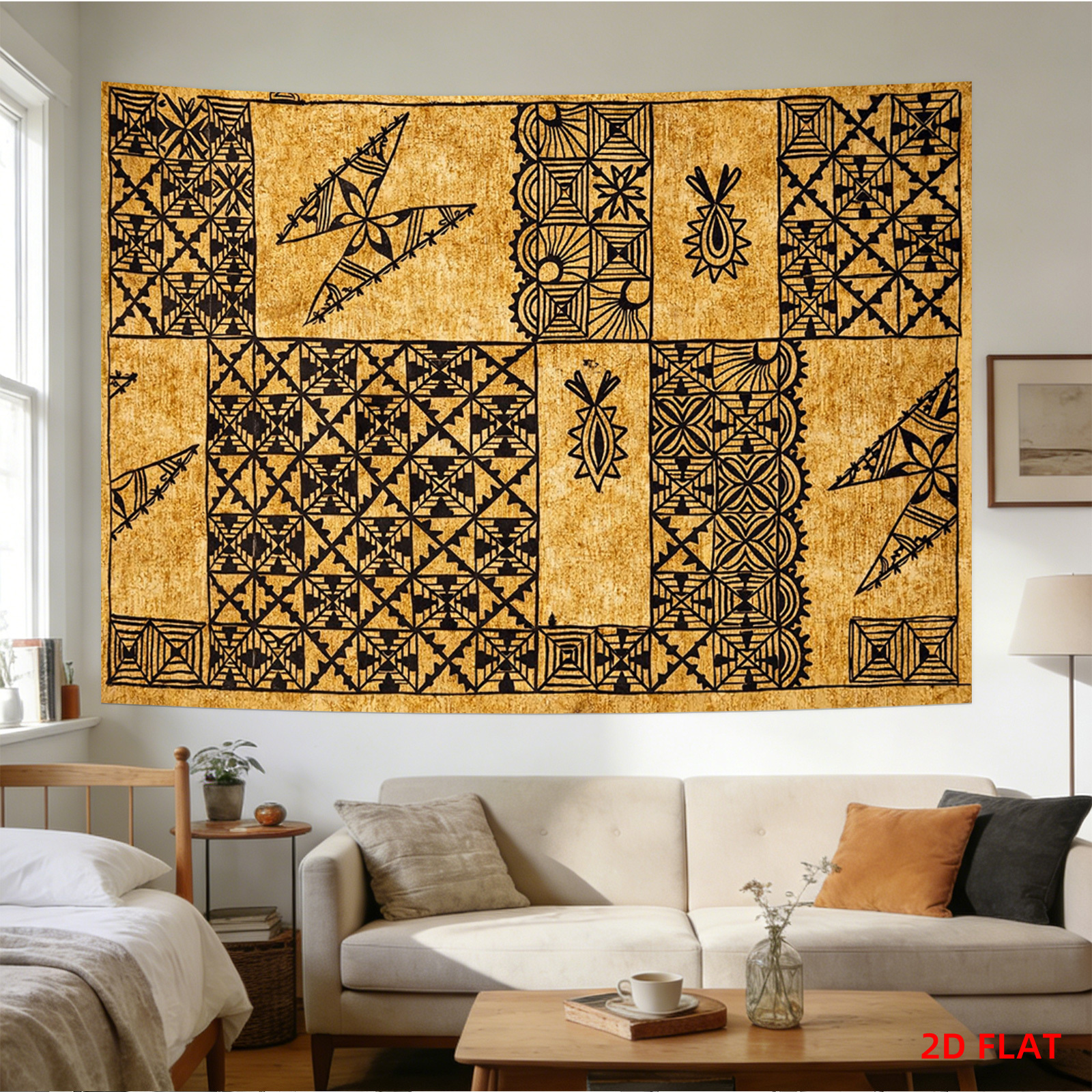 TEMU 2d Flat, 2d Flat Banner, [two-dimensional Flat Printing] 1 Large Pattern Printed Tapestry, Geometric Pattern, Brown Background, Traditional Art,