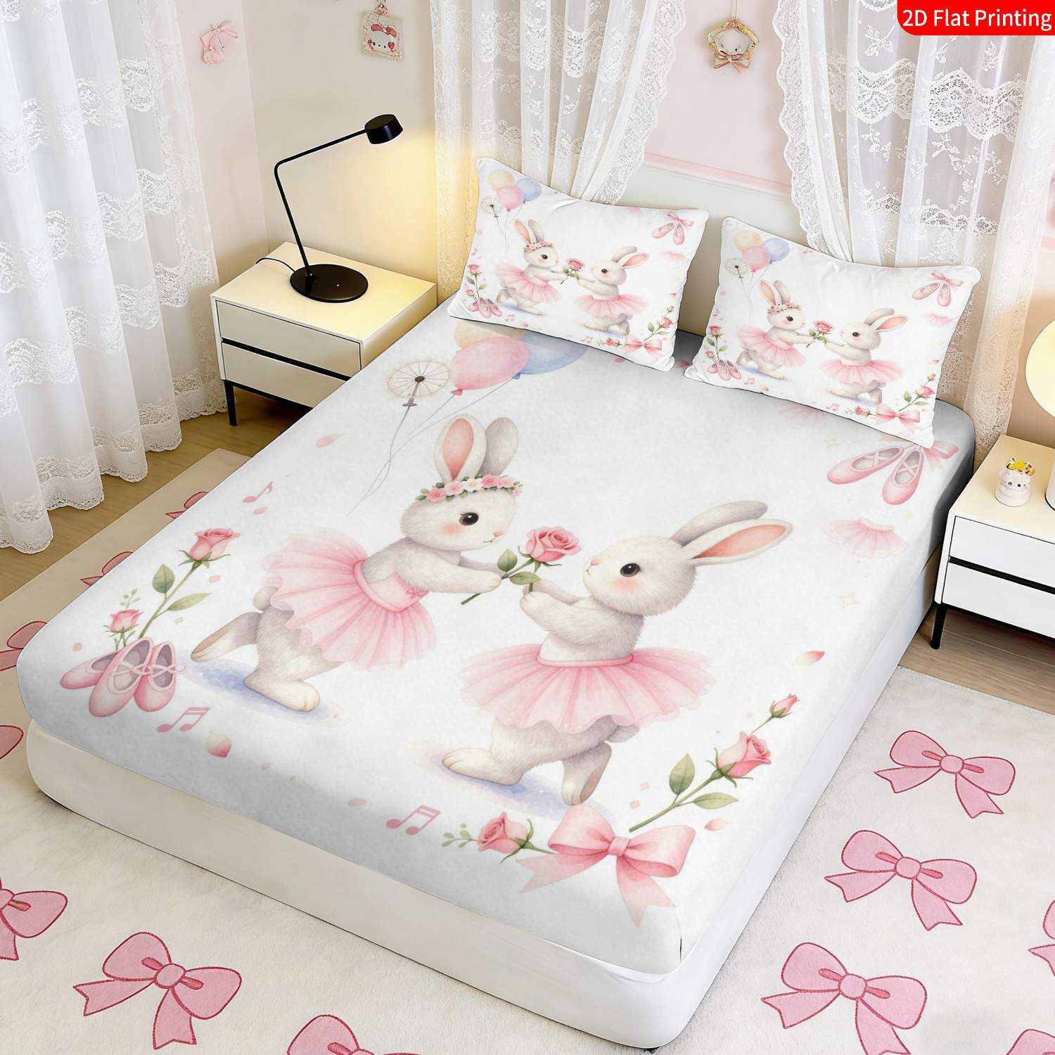 2/3pcs Sweet Ballet Themed Fitted Sheet Set
