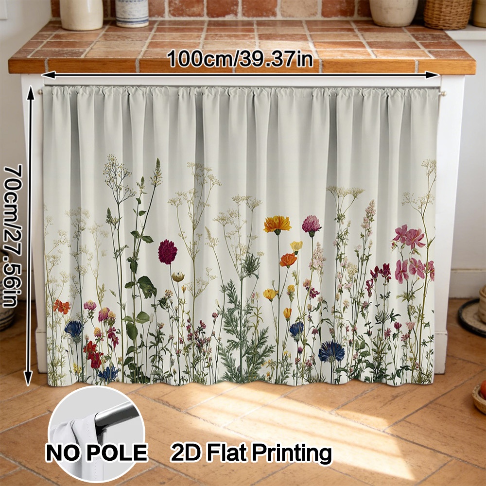 TEMU Rideau de rangement de cuisine plat 2D, motif floral de prairie à fleurs , passe-tringle, lavage facile, polyester lavable en machine, jupe de