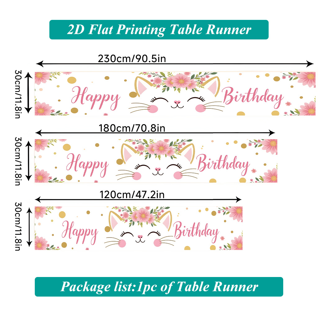 TEMU Chemin de pièce à impression 2D plate, adorable chemin de table rectangulaire en polyester avec vœux d'anniversaire de chat, convient pour les