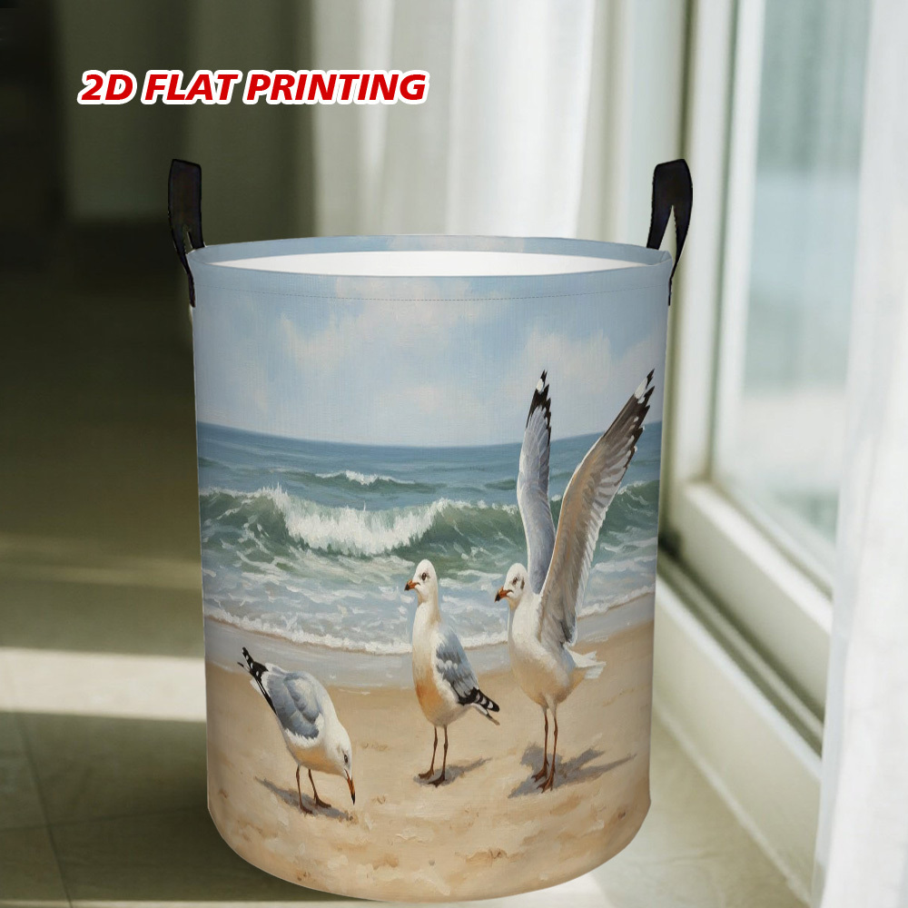 TEMU 1pc Foldable Laundry Basket With Seagull And Beach - Stylish Round Storage Basket Suitable For Room, Coastal Decor, Hamper With Sturdy Handles,