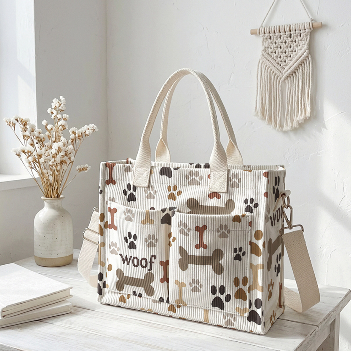 E-shop Hunde Pfoten Knochen Muster und "" Schriftzug 2D Gedruckte Cord Bag, Multi-Pocket Große Kapazität Pendler Tasche, Hand Carry/Crossbody Dual Use