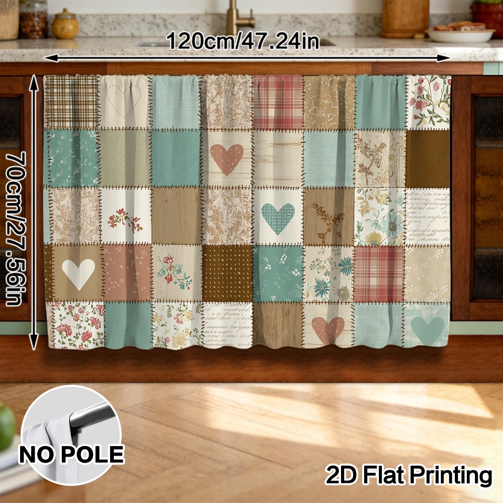 TEMU 2D - 2D , 1 pieza de cortina con diseño de patchwork de corazones y flores para de San Valentín y decoración de armarios - Poliéster fácil de