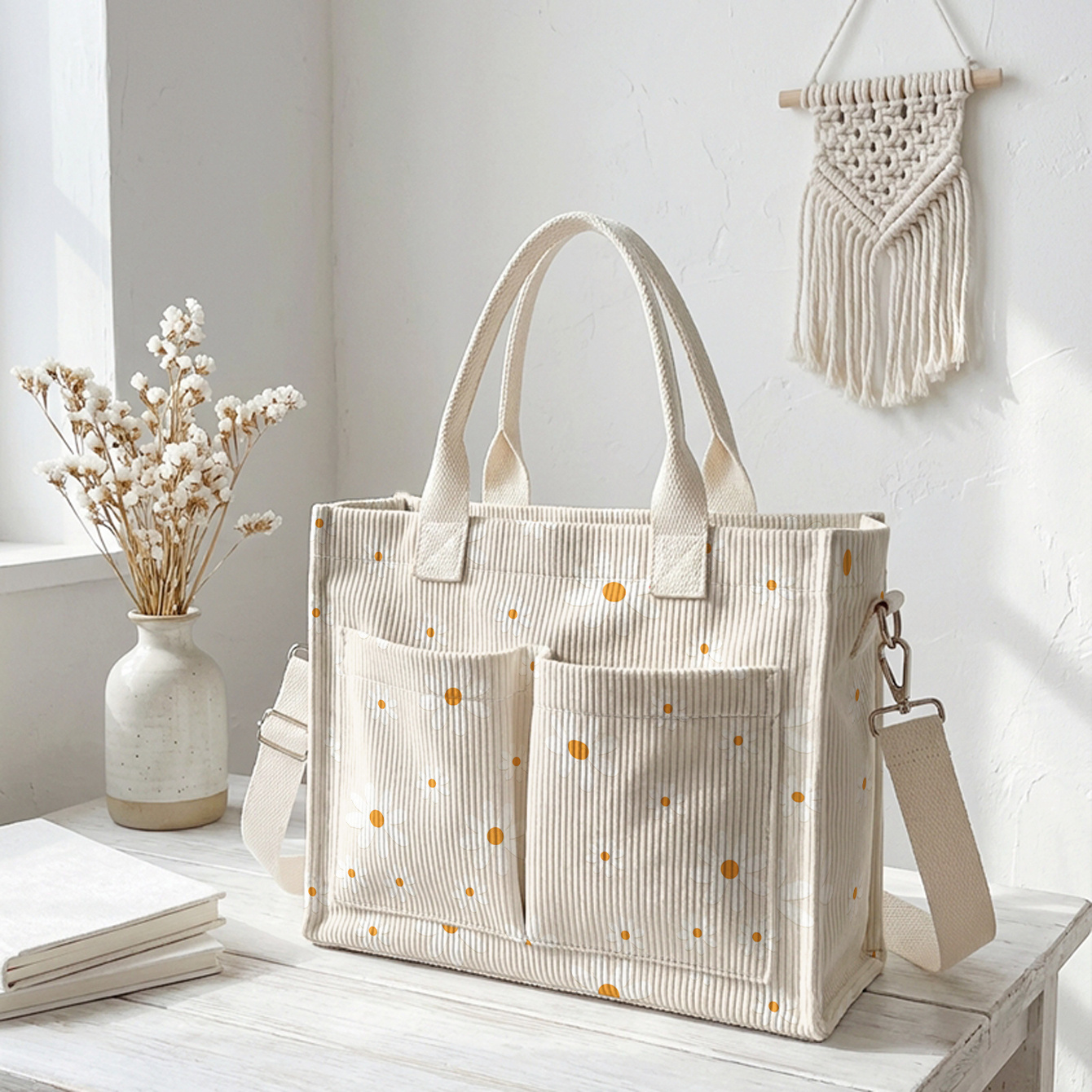 E-shop Gürteltasche mit Gänseblümchenmuster, 2D-Druck, Cordstoff, Multi-Pocket, große Kapazität, Pendler-Tasche, Hand- und Umhängetasche, Dual-Use und