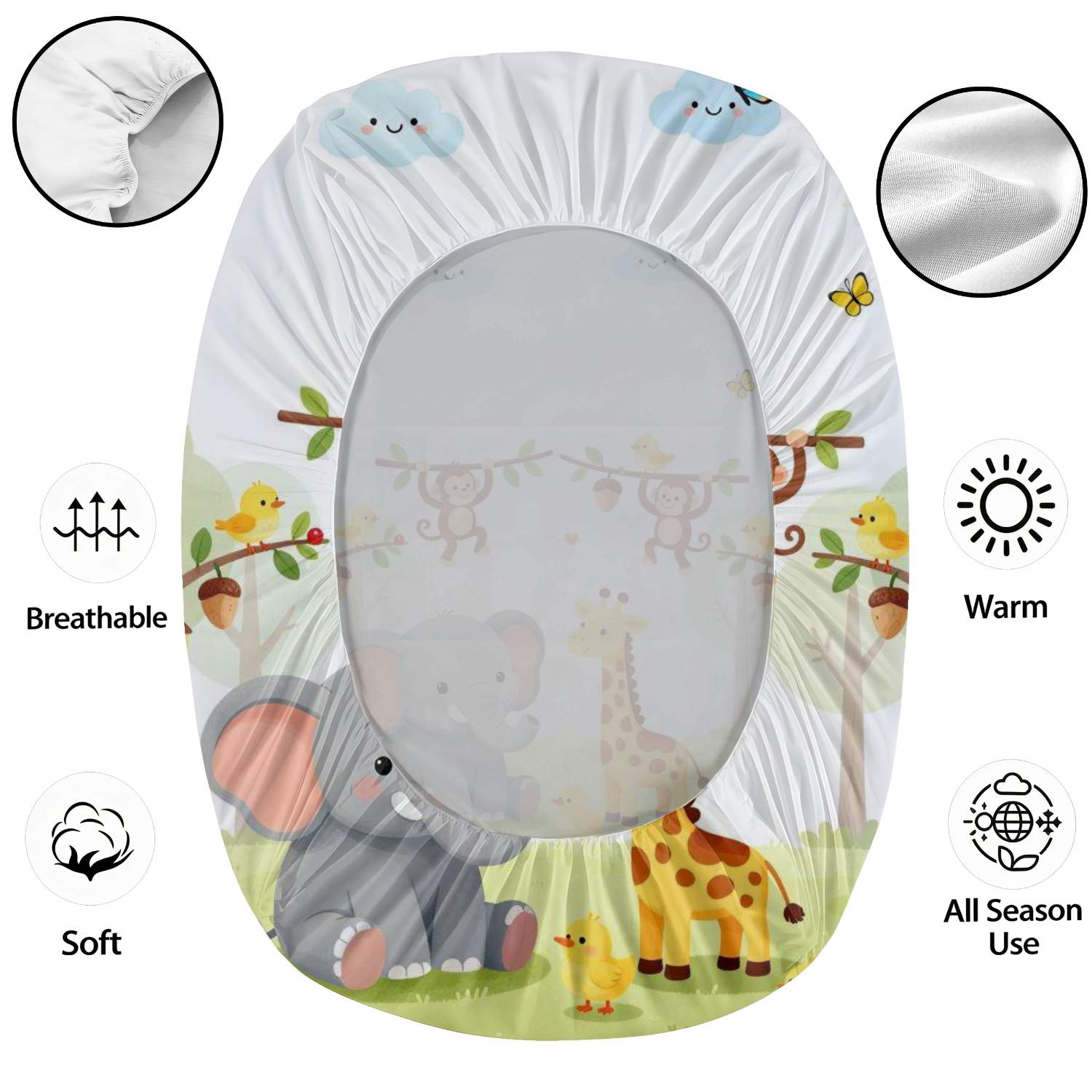 Multicolor Cartoon Animal Style Fitted Sheet, Jungle Safari Theme