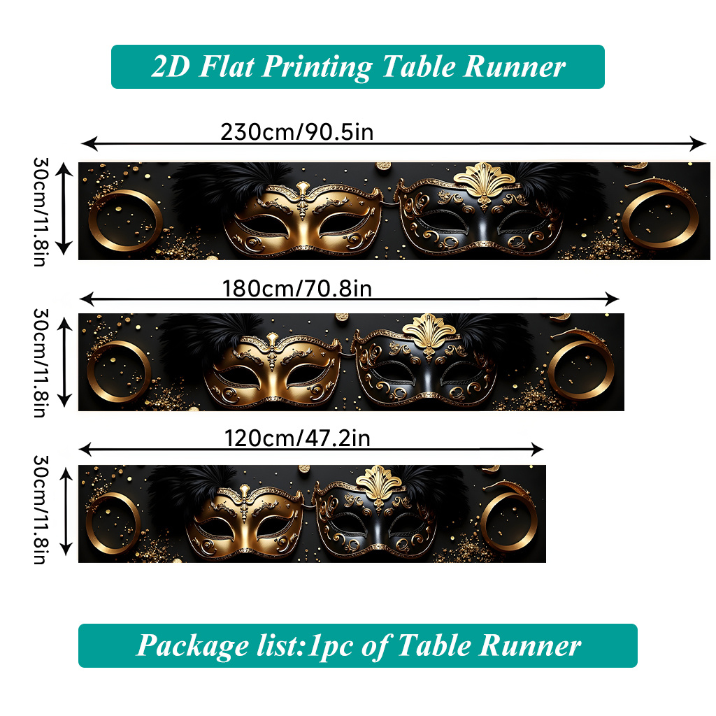 TEMU Chemin de table rectangulaire 1 pièce en polyester avec impression 2D à plat, motif « Les masques dorés et noirs », convient pour tables à