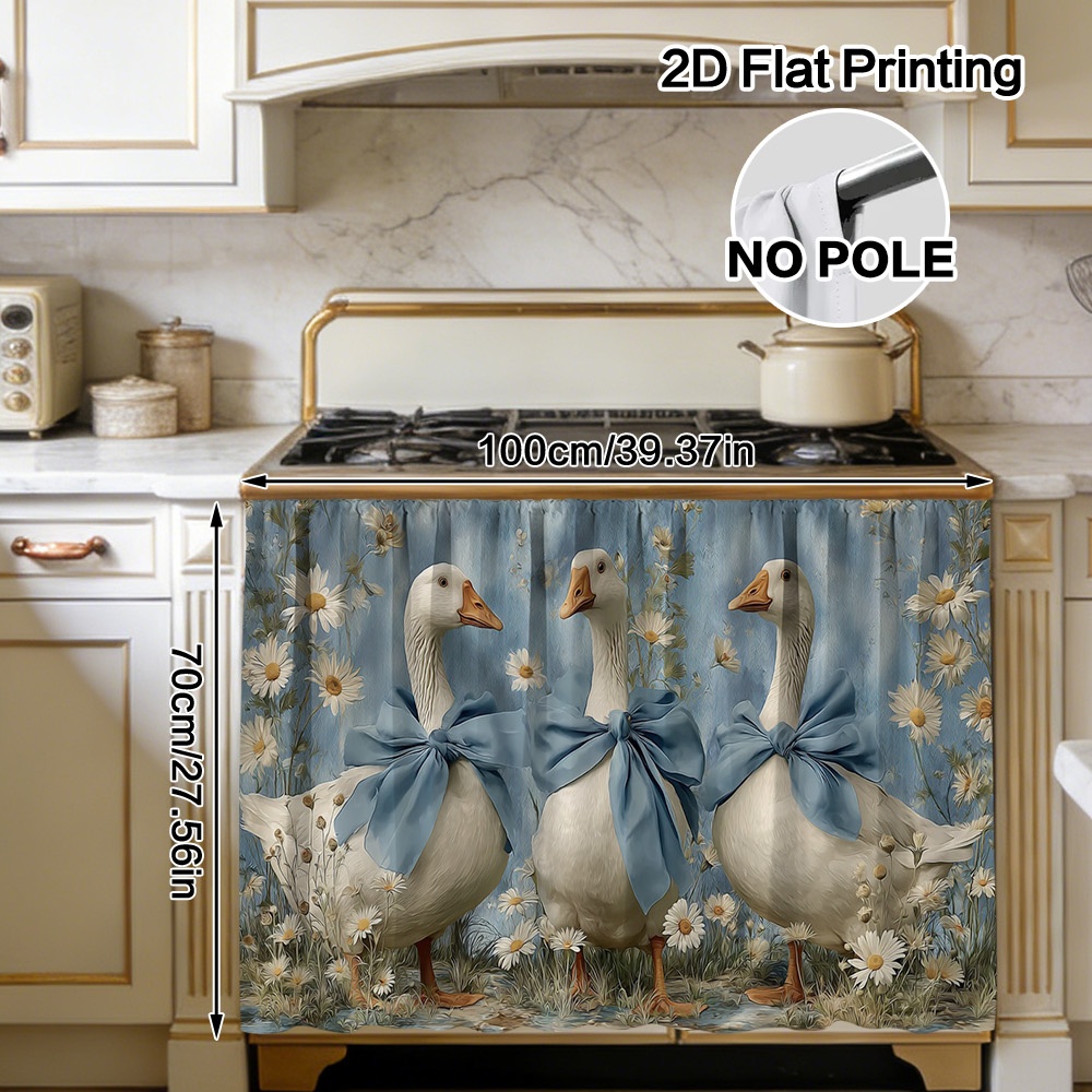 TEMU 2d Flat, (2d Flat) 1pc Geese With Blue Bows Curtain & Cabinet Decor - Polyester Material Easy To Clean, Rod For , Suitable For Kitchen Narrow