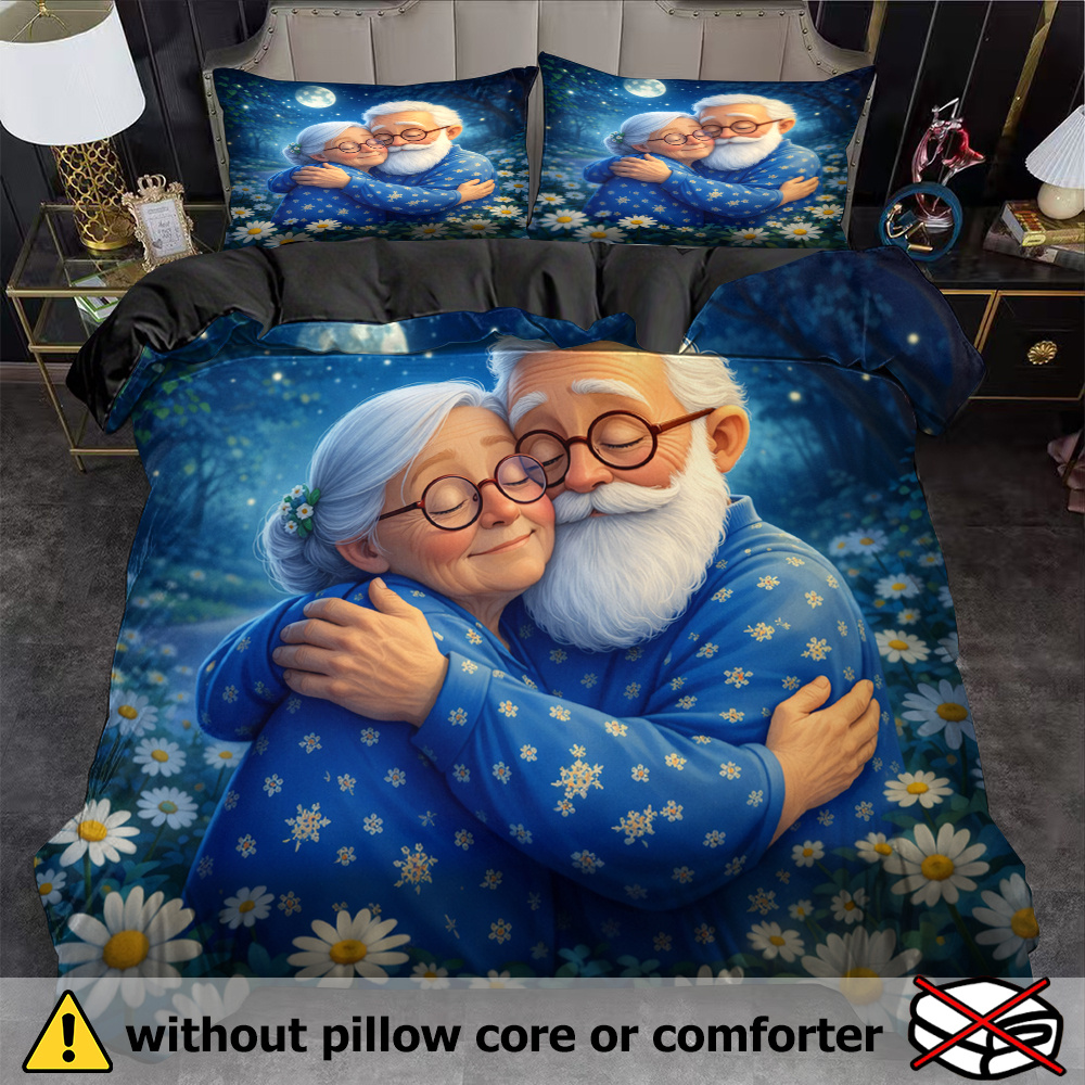 TEMU Set Of 3pcs For A Duvet Cover Designed For Elderly Couples, Featuring A Cartoon With A Romantic Theme. Made From Breathable Polyester, Suitable