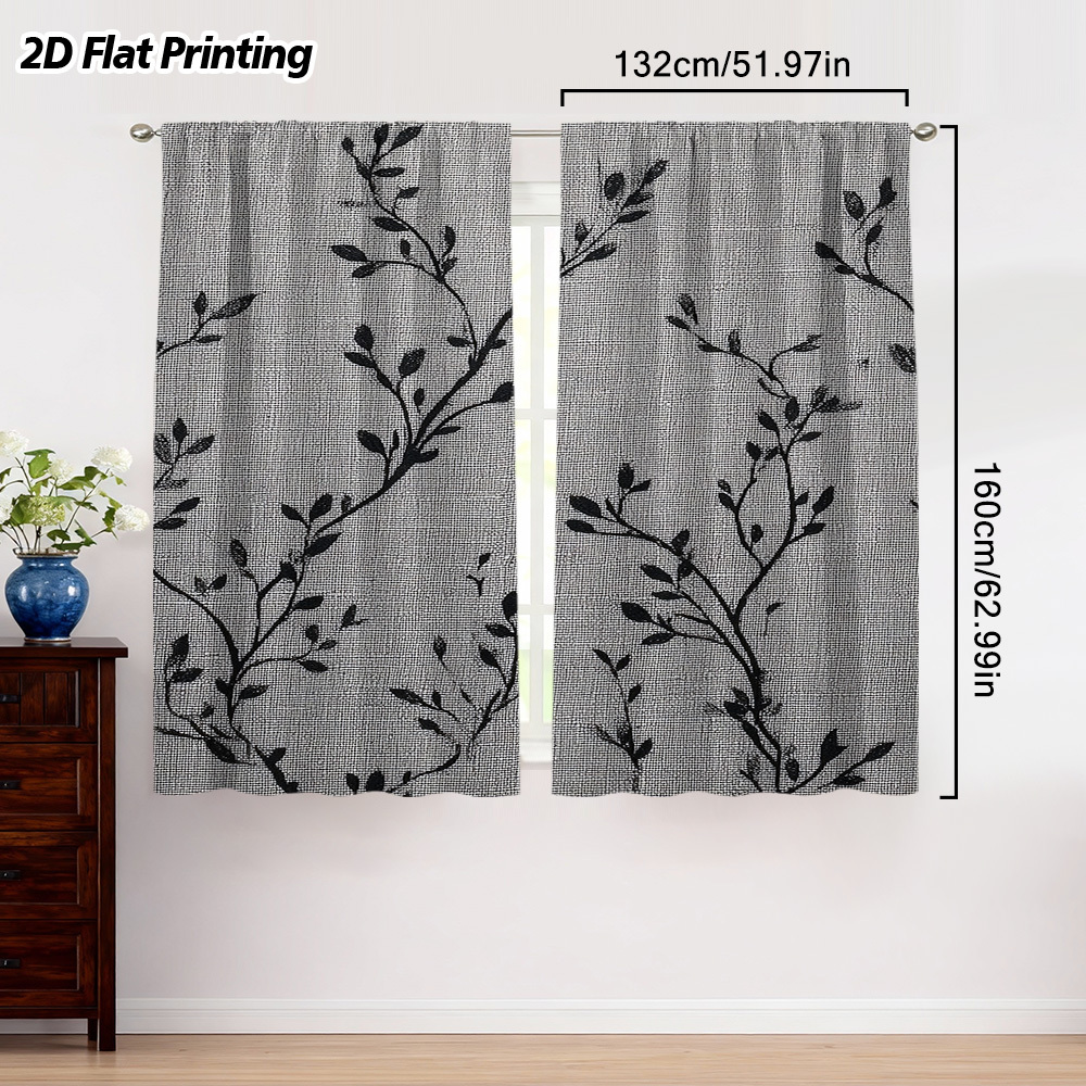 TEMU 2d Flat, 2pcs 2d Flat Black Branches On Gray Curtains - Semi-sheer Window Drapes With Privacy Rod Pocket, Suitable For Living Room, Kitchen,