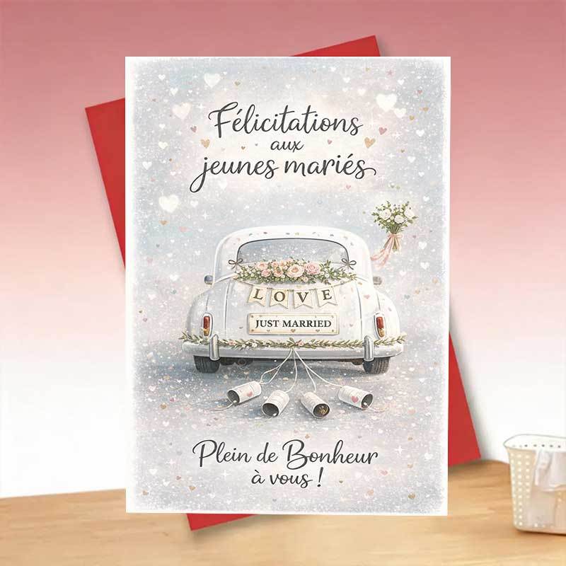 TEMU 1 Carte de Vœux + 1 Enveloppe, 1 Carte de Félicitations de Mariage, Motif de Voiture de Jeunes Mariés, Cadeau Commémoratif et Fleurs, Cadeau des