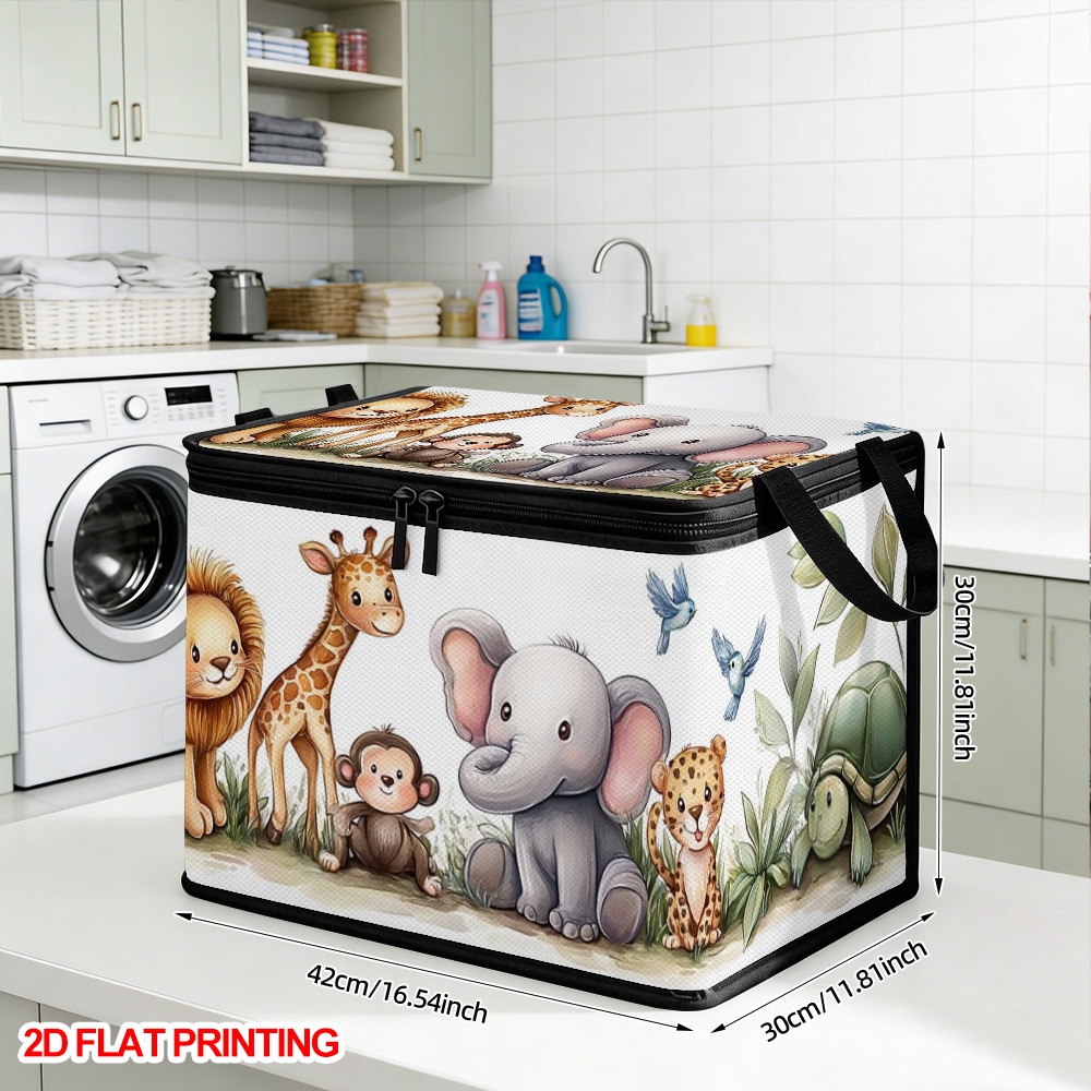 TEMU (2d Flat) 1pc Cute Cartoon Animals Lidded Storage Bins, Foldable Zippered Storage Pouch, Book Tidy, Bedroom Organizer, Perfect Gift, Closet
