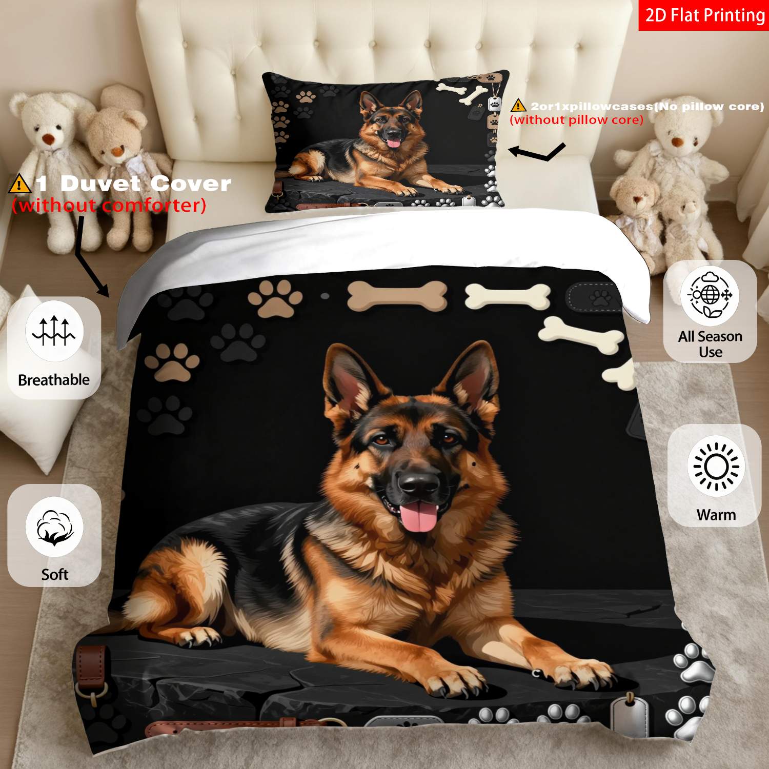 TEMU 2/3pcs 2d Flat Printing Theme Quilt Cover Bedding German Shepherd Dog Paw Bone Print Suitable For Occasions(1*duvet 1/2*pillowcases, Without
