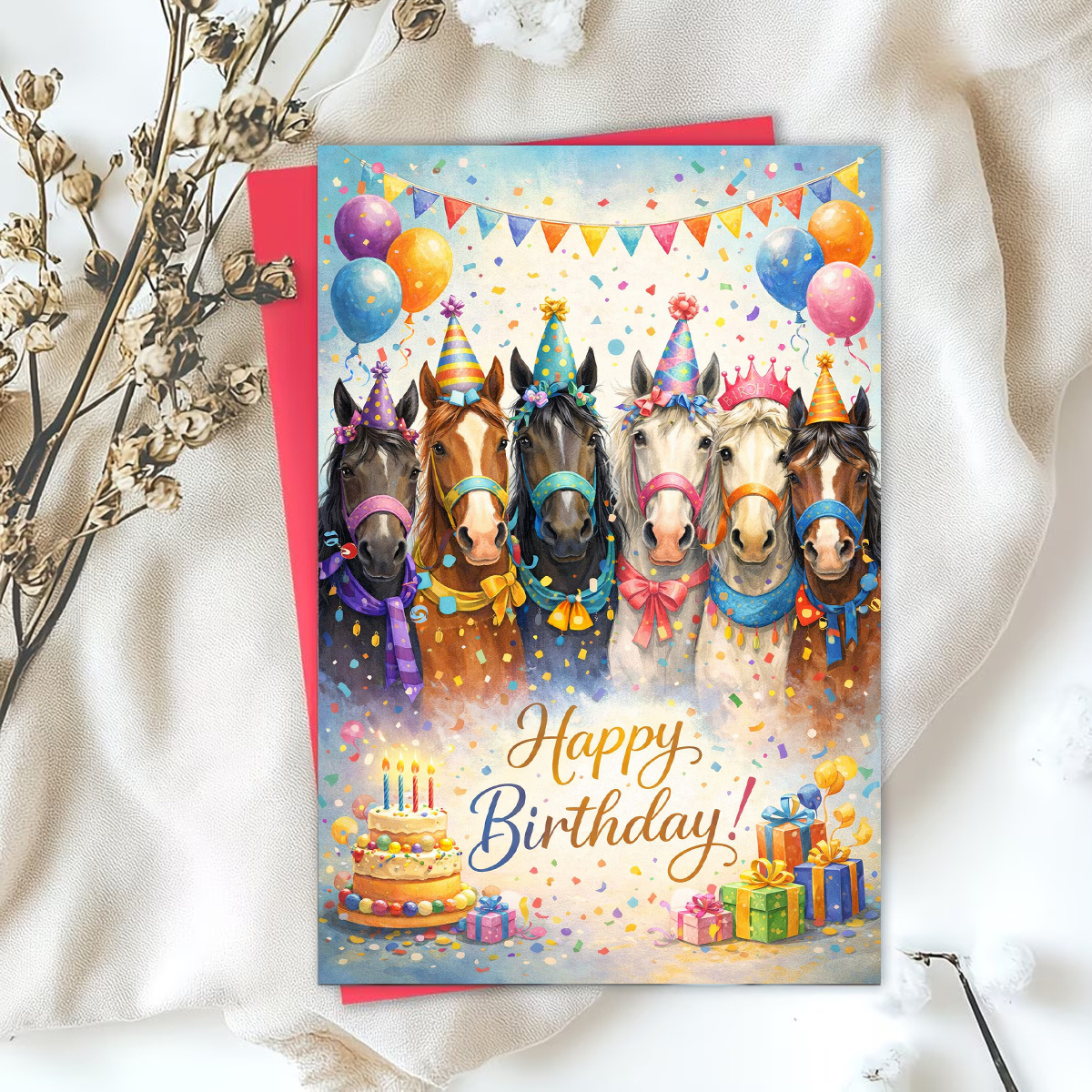 TEMU 1pc Birthday Greeting Card, Featuring Horses With Confetti And A Cake, Displaying "happy Birthday." Suitable For And , Ideal For Birthday