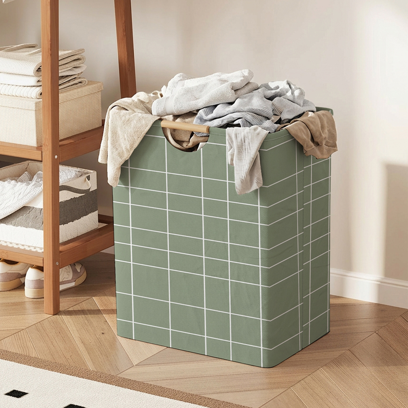 TEMU 2d Printed Green Checkered Pattern Laundry Basket And Storage Basket, Large Capacity Fabric Home Storage Bin With A Lightweight Design | Ideal